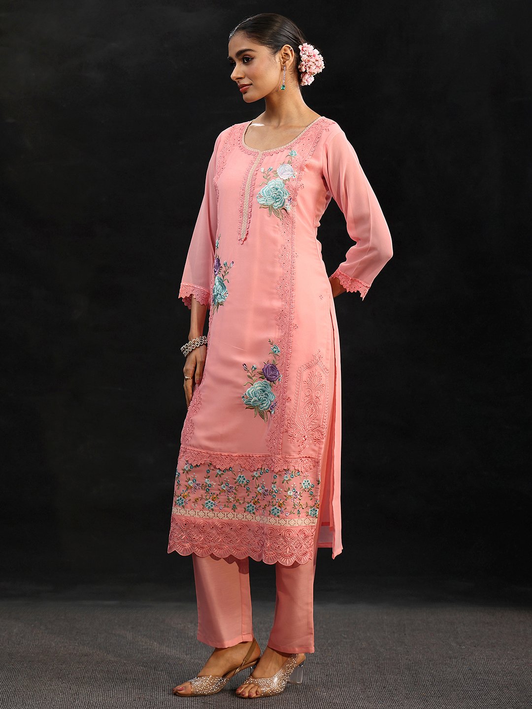 Peach Georgette Embroidered Kurta Set with Dupatta