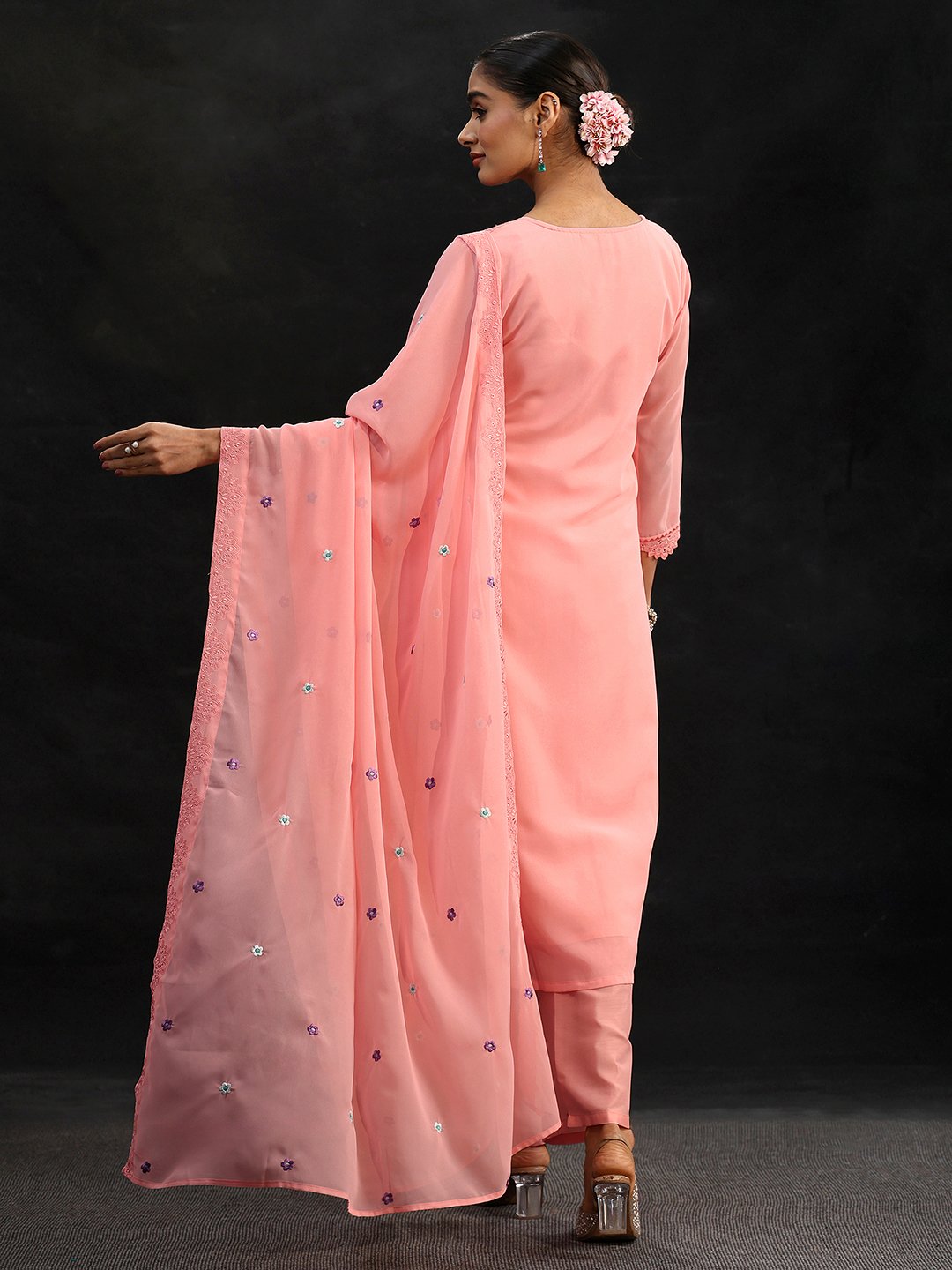Peach Georgette Embroidered Kurta Set with Dupatta