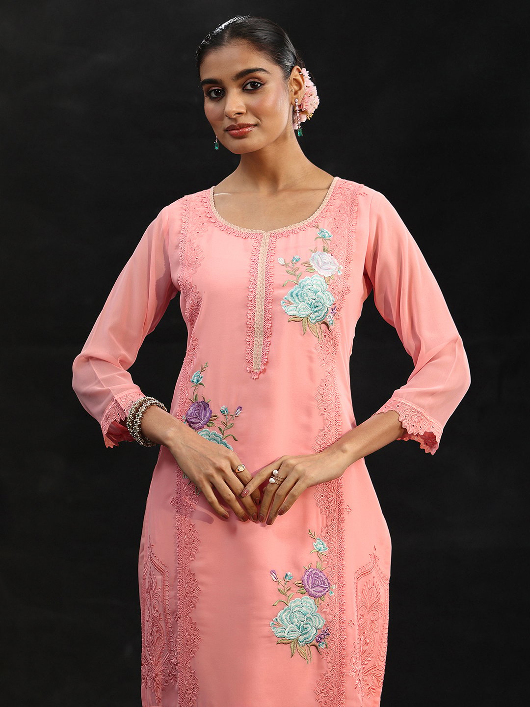 Peach Georgette Embroidered Kurta Set with Dupatta