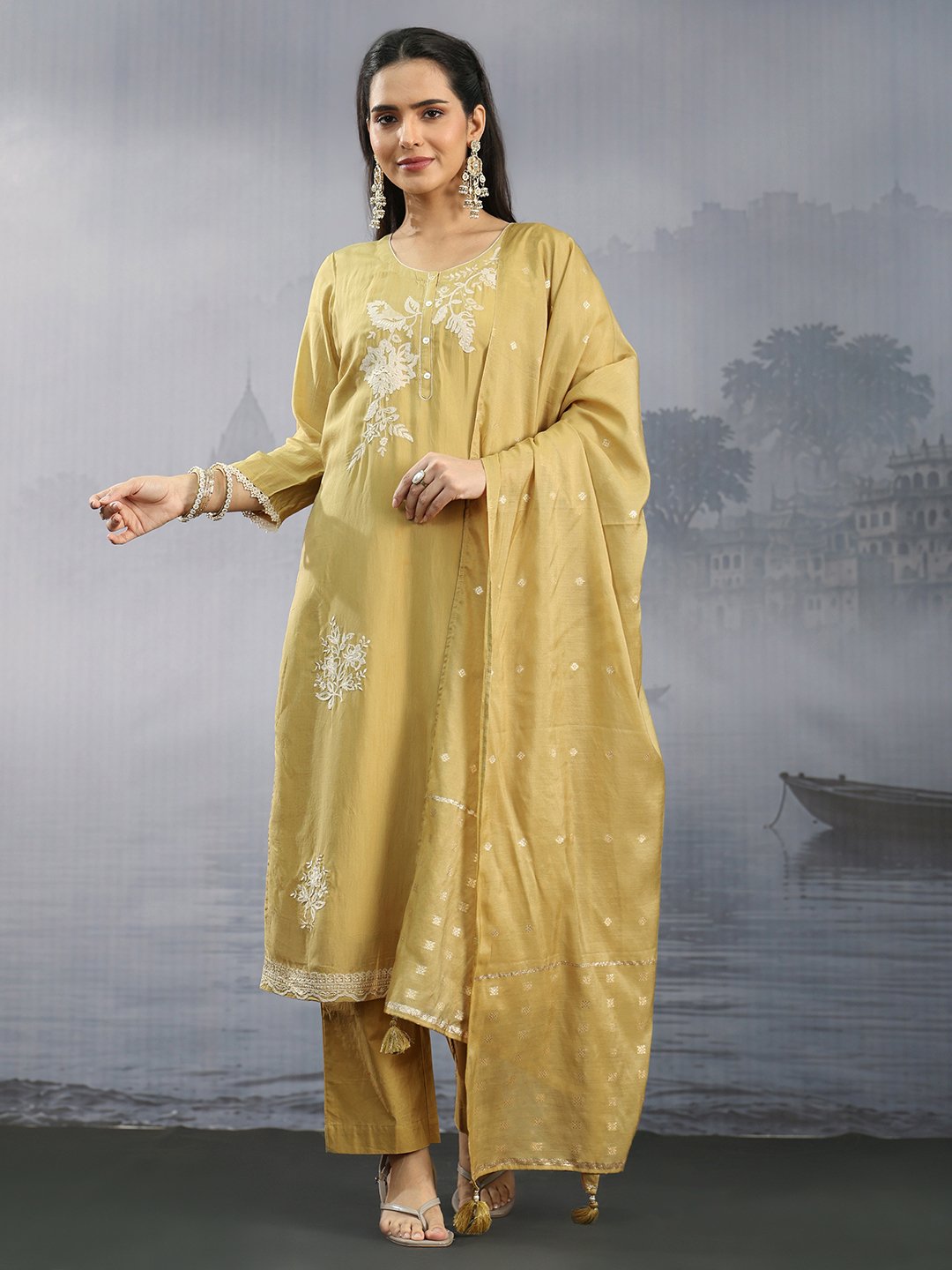 Mustard Embroidered Chanderi Kurta Set with Dupatta and Straight Pants