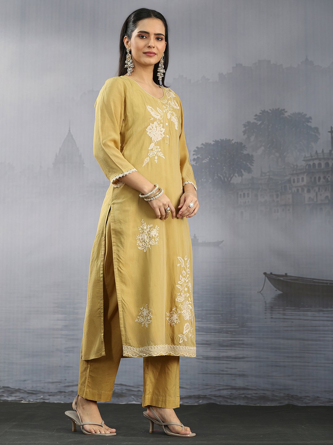 Mustard Embroidered Chanderi Kurta Set with Dupatta and Straight Pants