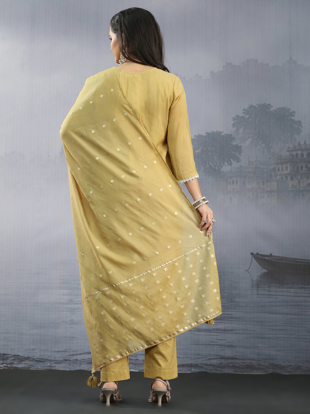 Mustard Embroidered Chanderi Kurta Set with Dupatta and Straight Pants