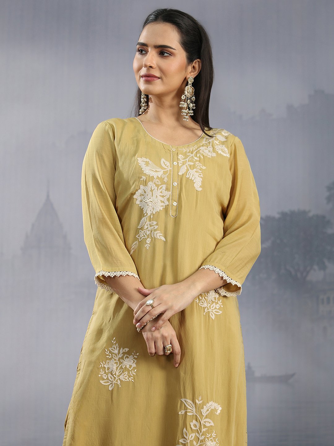Mustard Embroidered Chanderi Kurta Set with Dupatta and Straight Pants