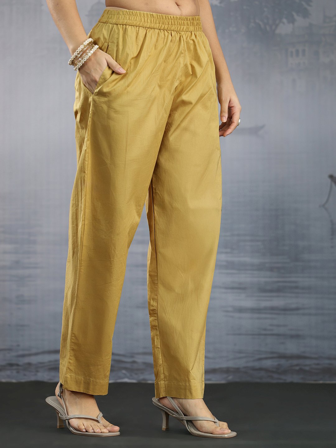 Mustard Embroidered Chanderi Kurta Set with Dupatta and Straight Pants