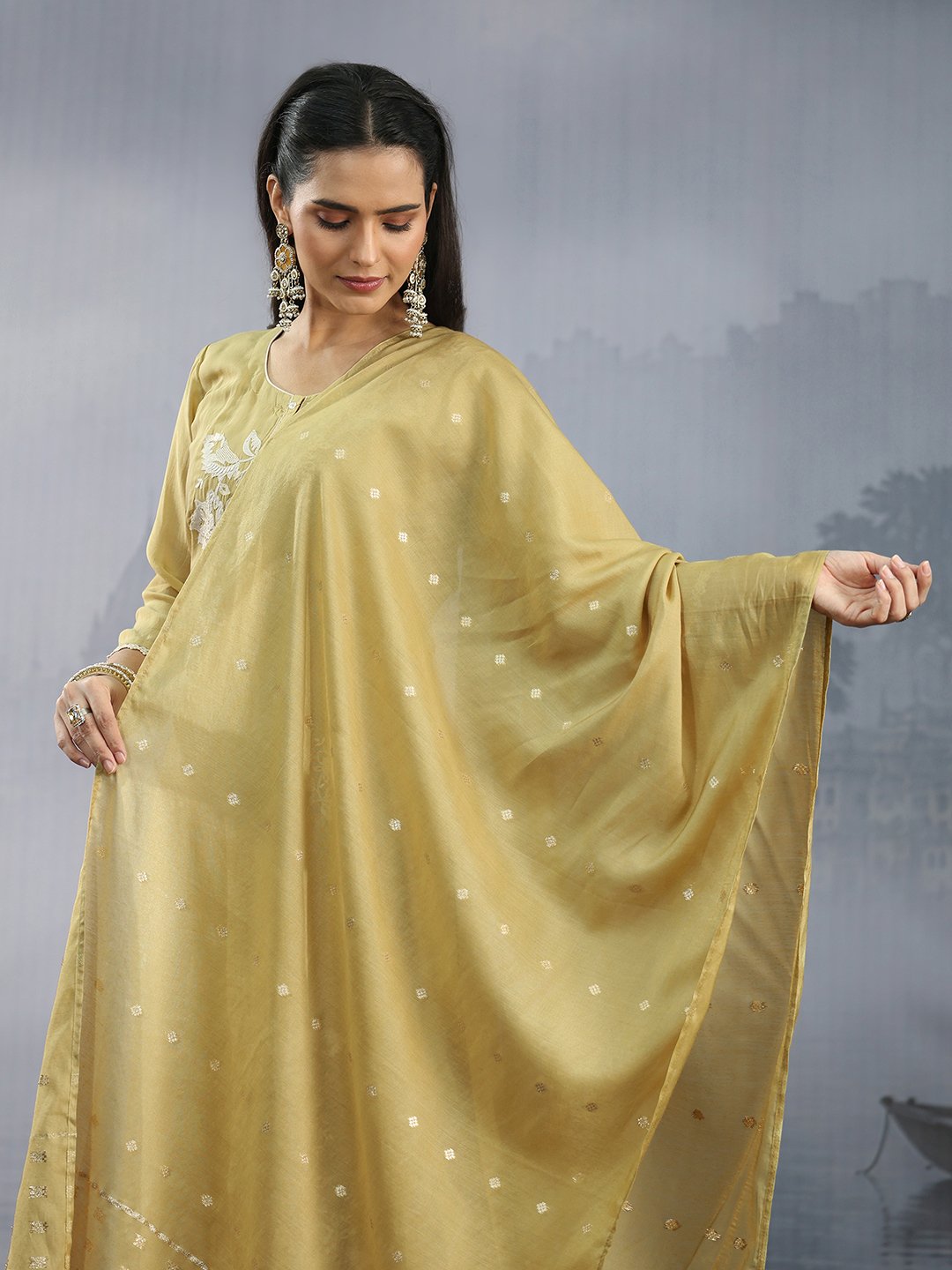 Mustard Embroidered Chanderi Kurta Set with Dupatta and Straight Pants