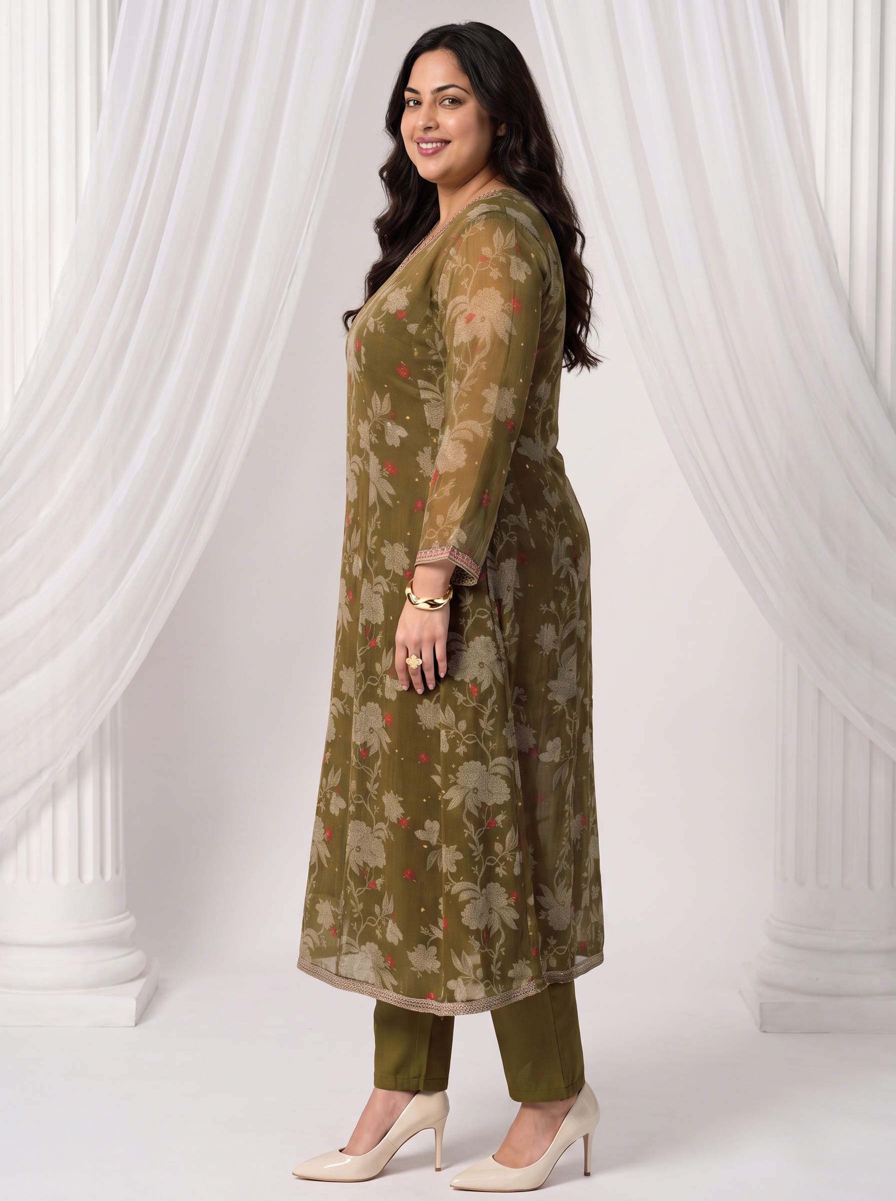 Olive Chiffon Floral Anarkali Set with Trousers and Dupatta