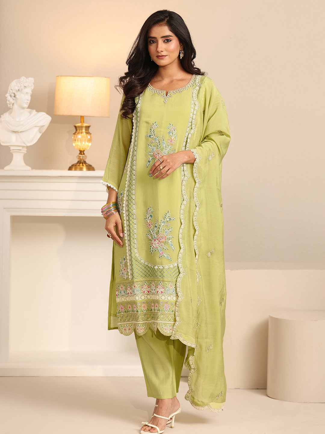 Green Embroidered Chanderi Cotton Kurta Set with Straight Pants and Dupatta