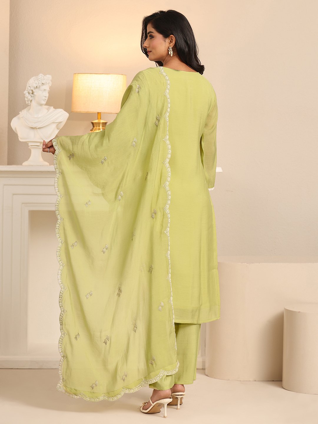 Green Embroidered Chanderi Cotton Kurta Set with Straight Pants and Dupatta
