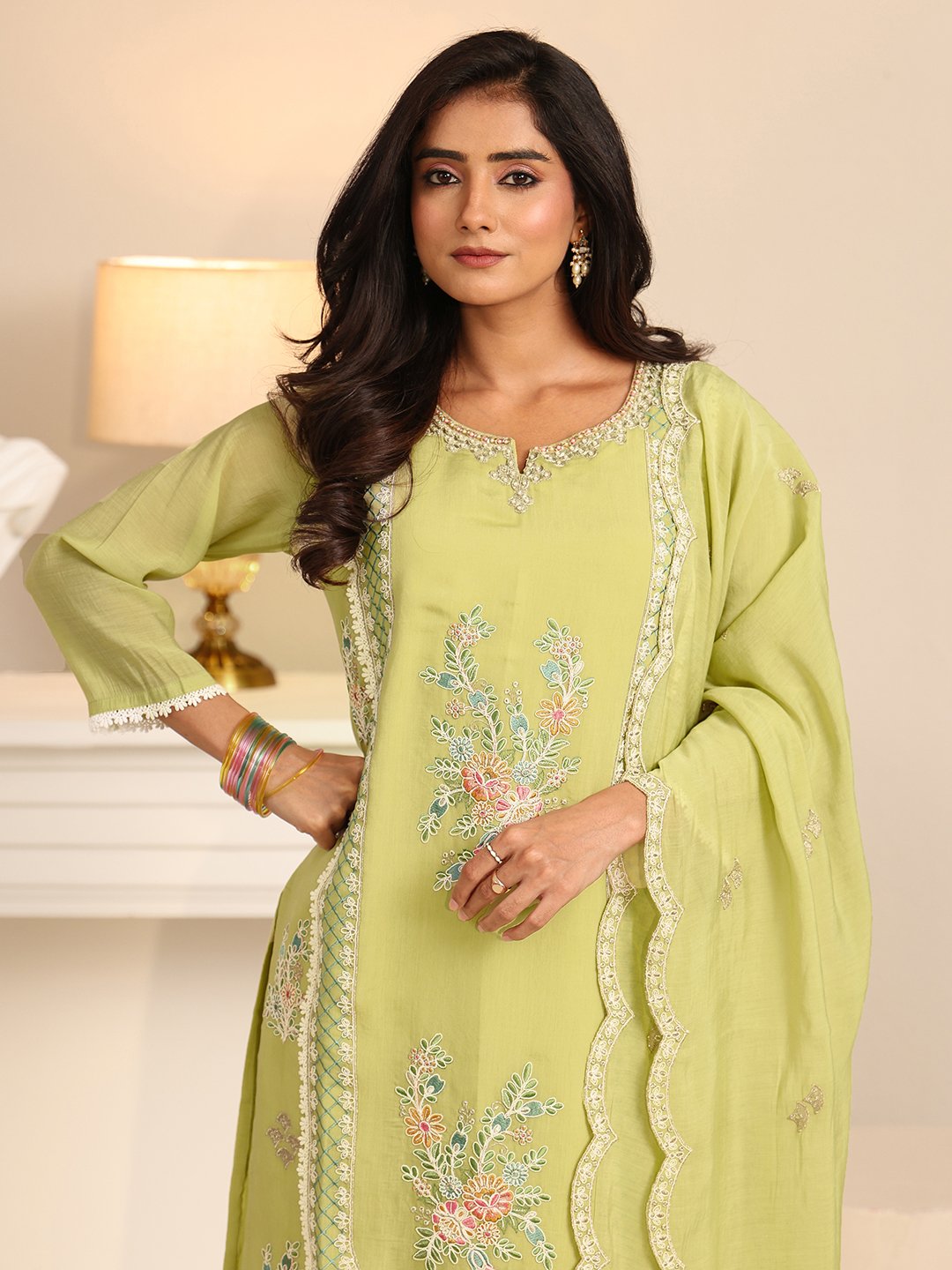 Green Embroidered Chanderi Cotton Kurta Set with Straight Pants and Dupatta