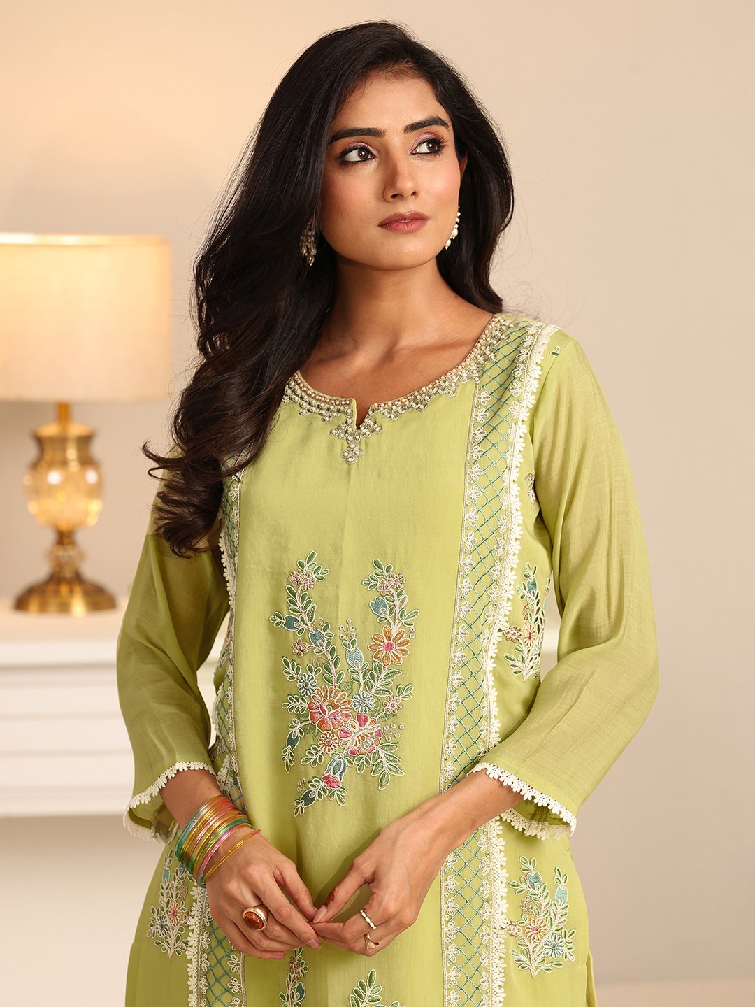 Green Embroidered Chanderi Cotton Kurta Set with Straight Pants and Dupatta
