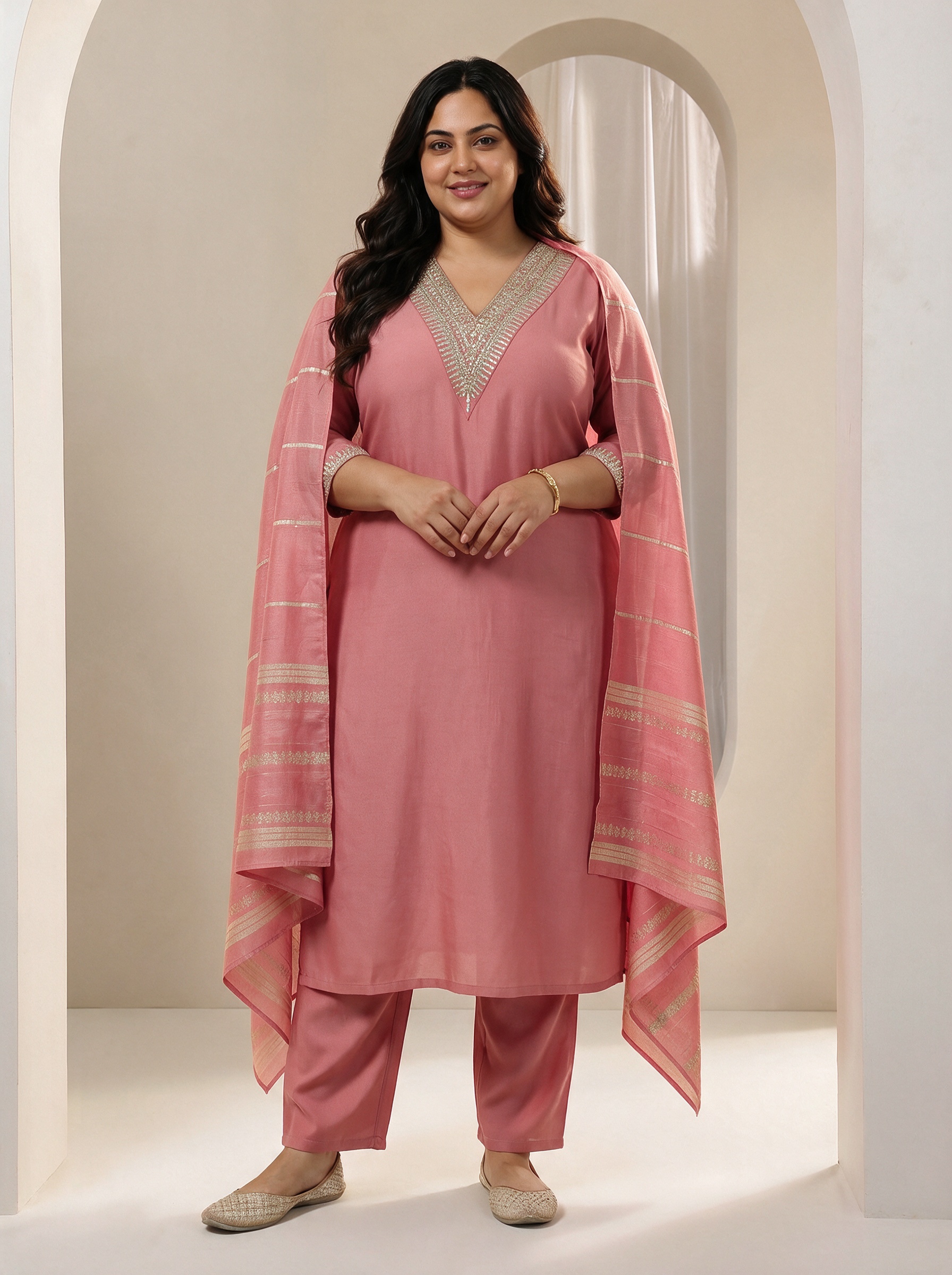 Plus Size Peach Embroidered Silk Blend Kurta Set with Trousers and Dupatta