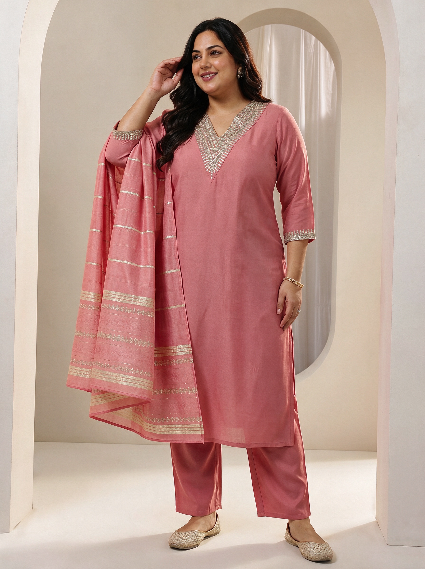 Plus Size Peach Embroidered Silk Blend Kurta Set with Trousers and Dupatta