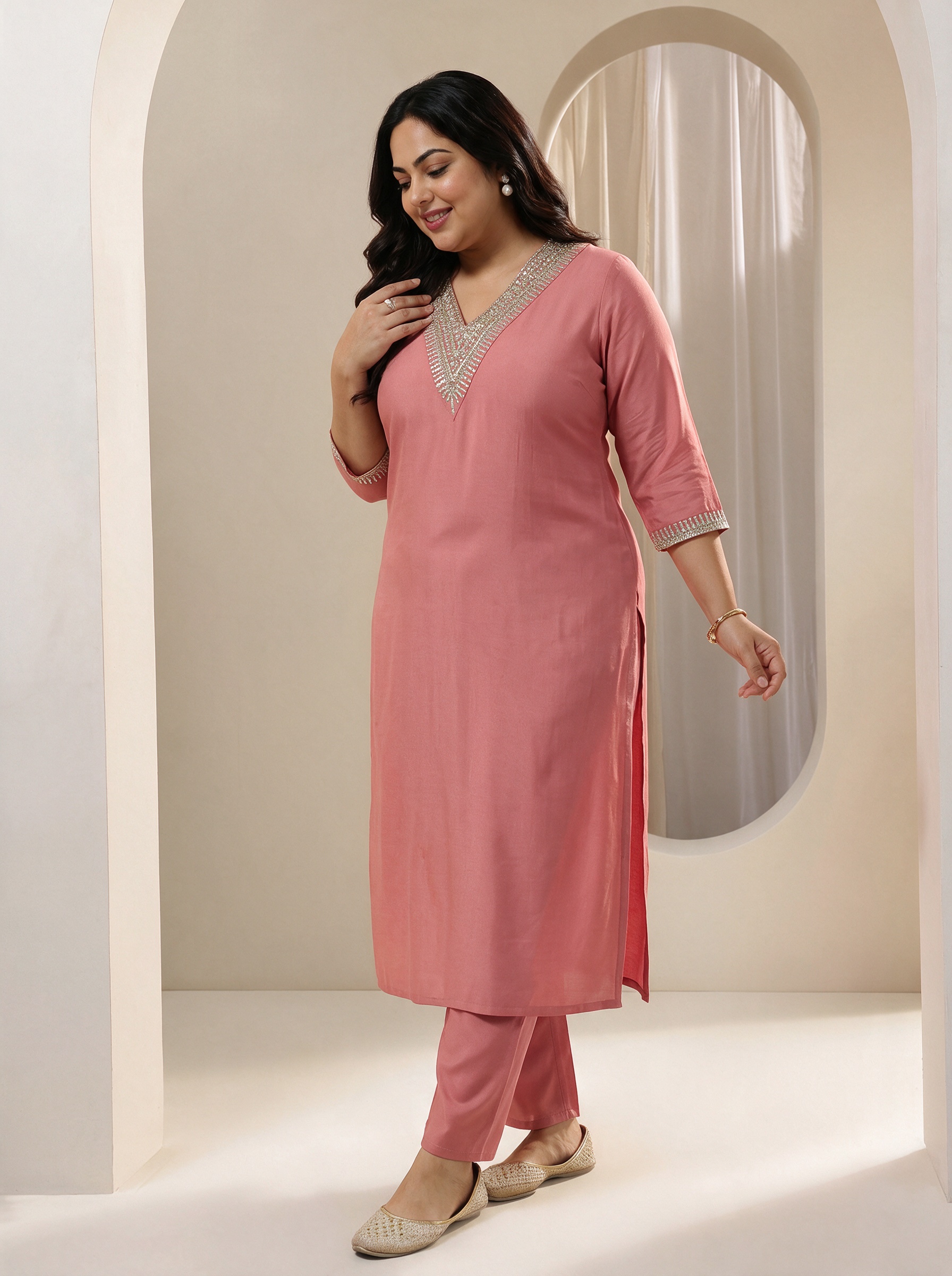 Plus Size Peach Embroidered Silk Blend Kurta Set with Trousers and Dupatta