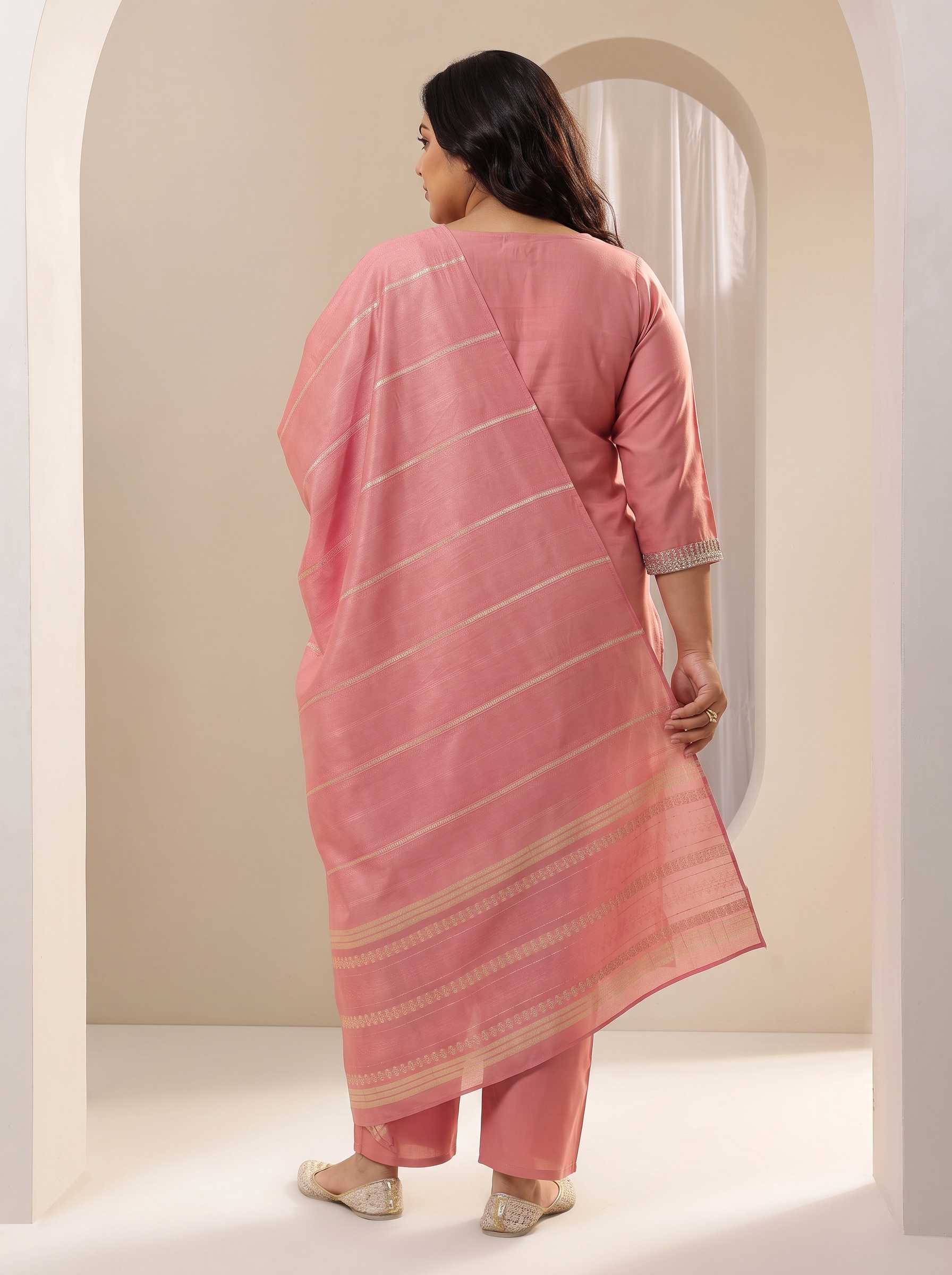 Plus Size Peach Embroidered Silk Blend Kurta Set with Trousers and Dupatta