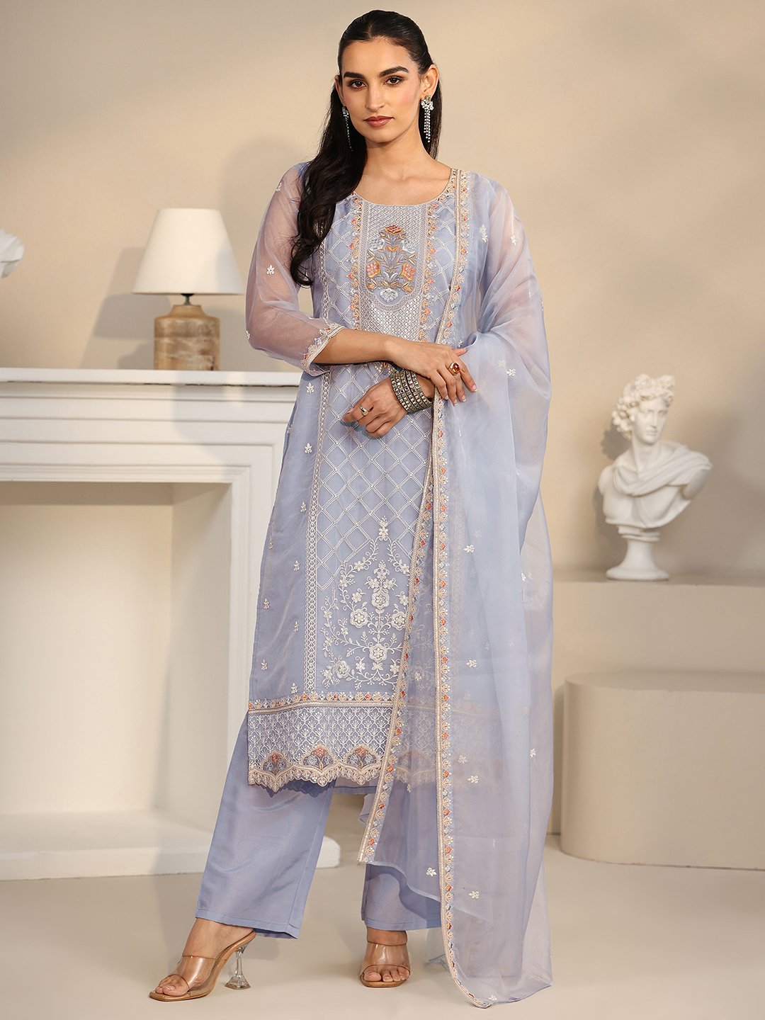 Blue Embroidered Organza Kurta Set with Straight Pants and Dupatta