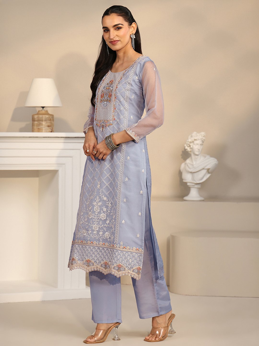 Blue Embroidered Organza Kurta Set with Straight Pants and Dupatta