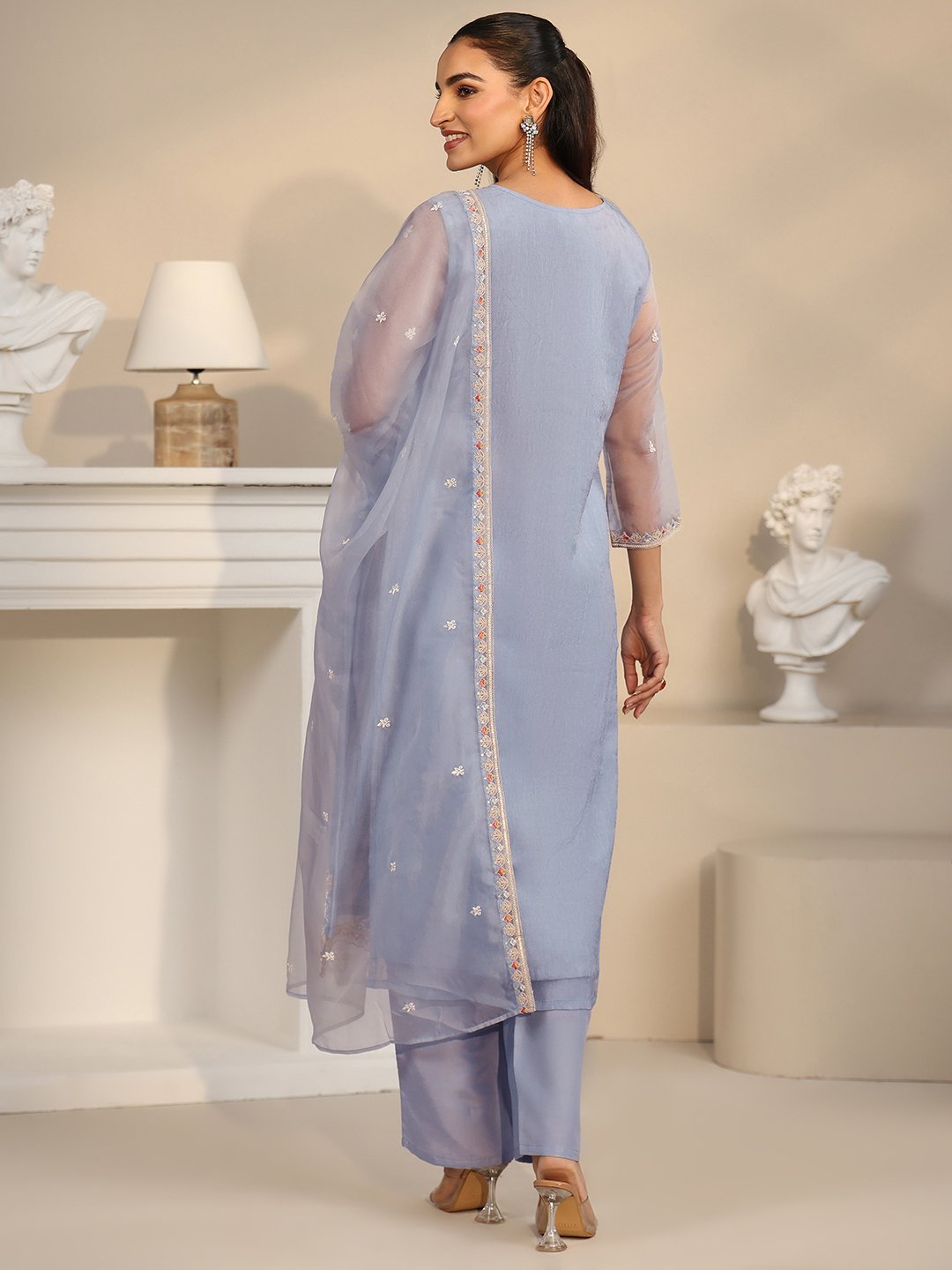 Blue Embroidered Organza Kurta Set with Straight Pants and Dupatta
