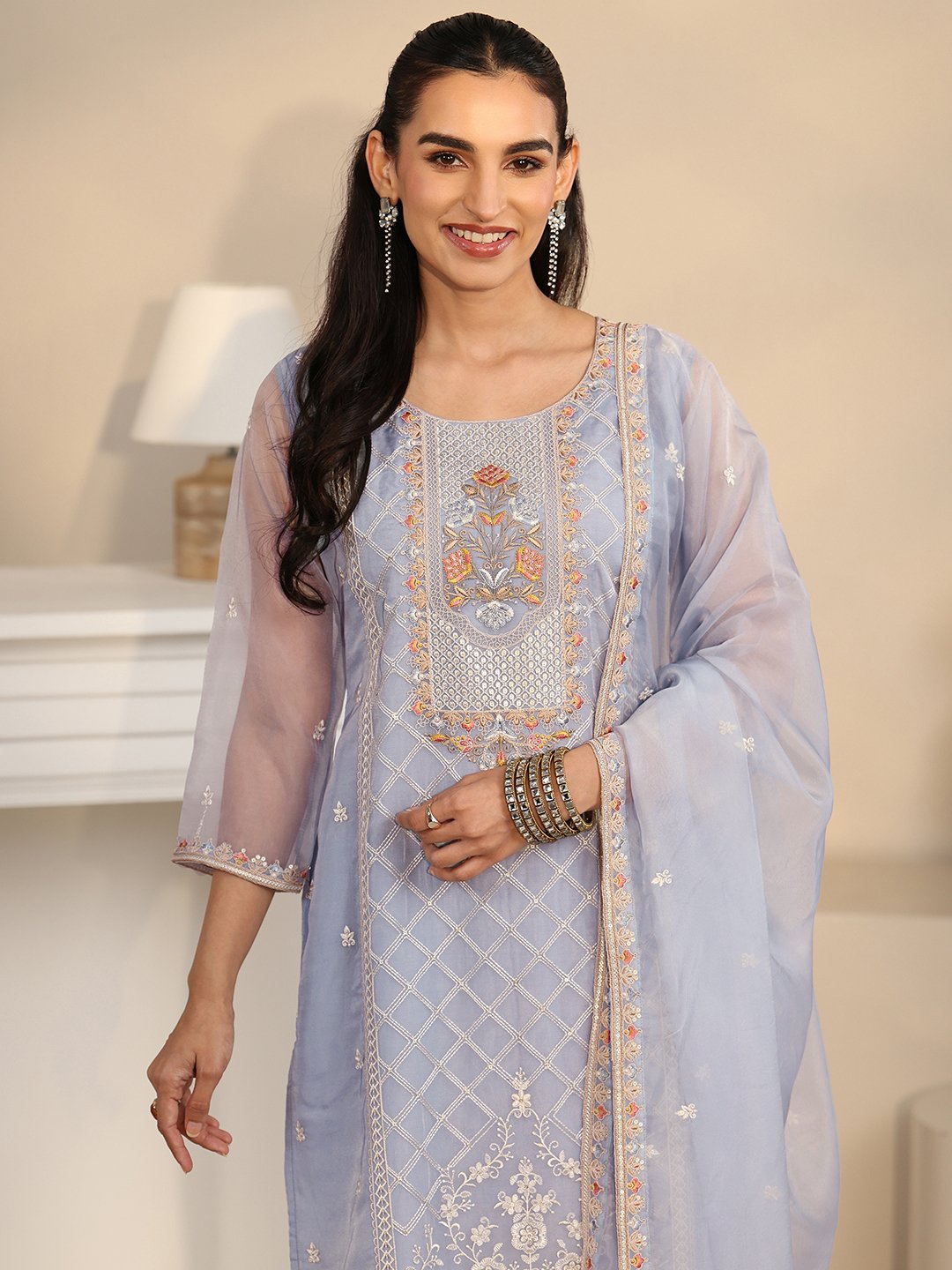Blue Embroidered Organza Kurta Set with Straight Pants and Dupatta