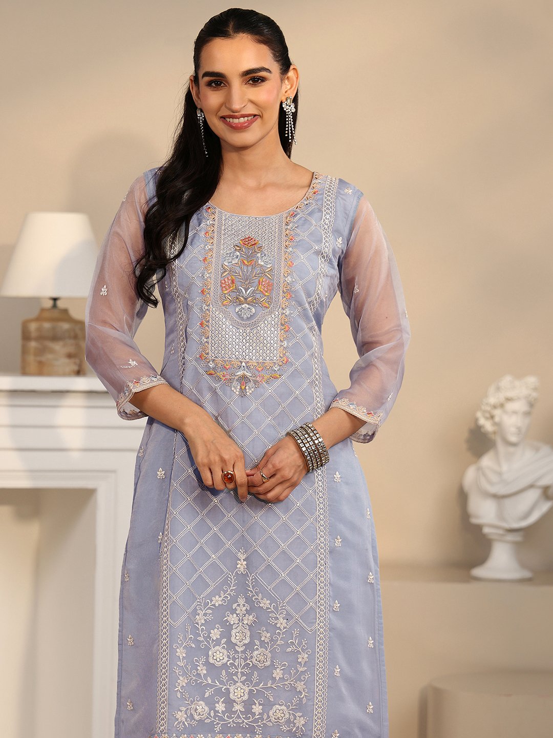 Blue Embroidered Organza Kurta Set with Straight Pants and Dupatta