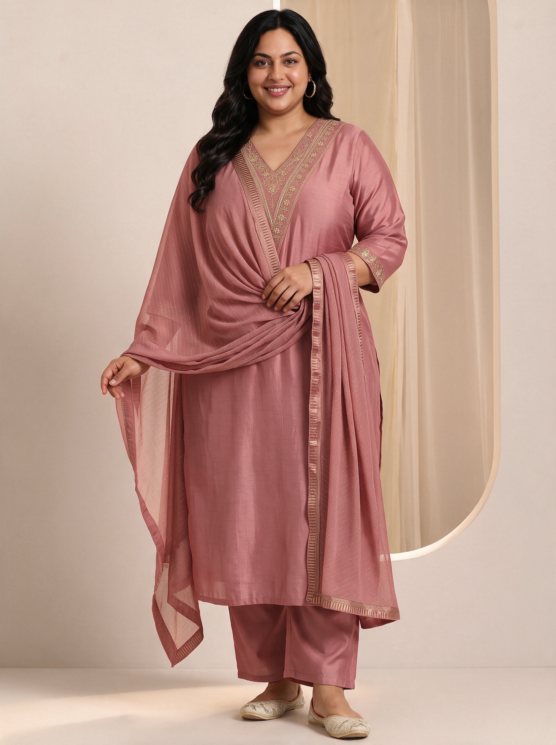 Peach Embroidered Kurta Set with Trousers and Dupatta