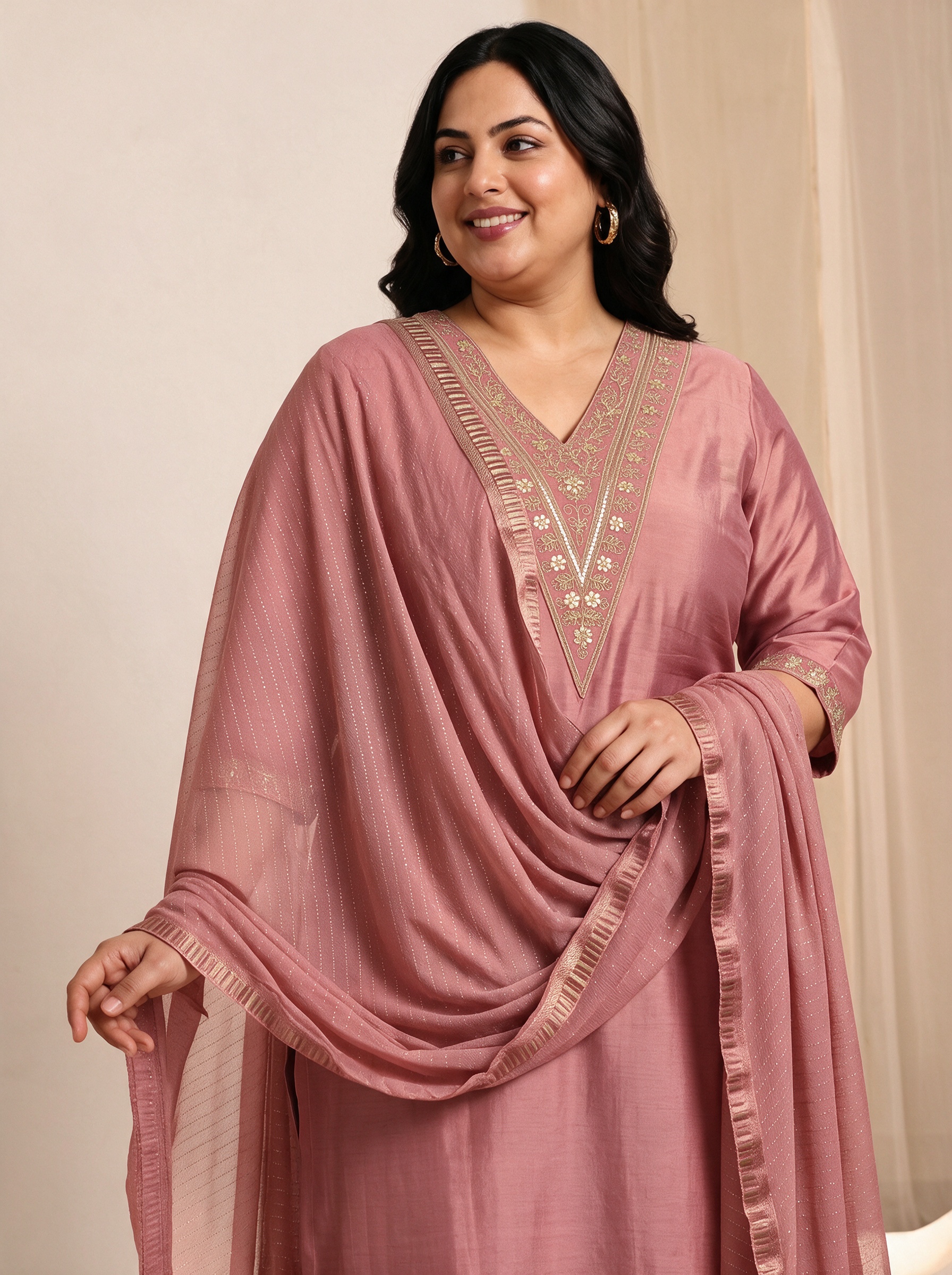 Peach Embroidered Kurta Set with Trousers and Dupatta