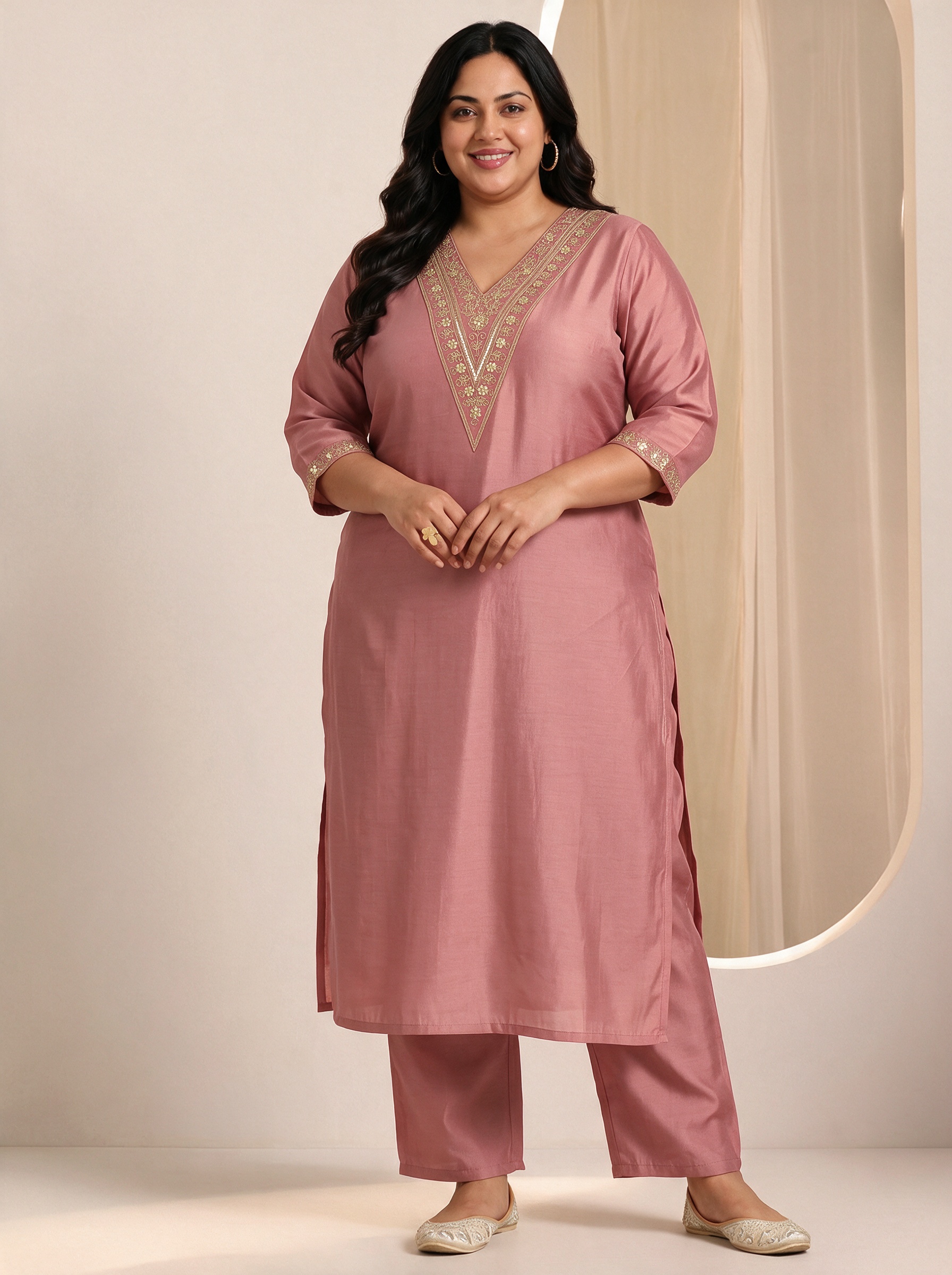 Peach Embroidered Kurta Set with Trousers and Dupatta