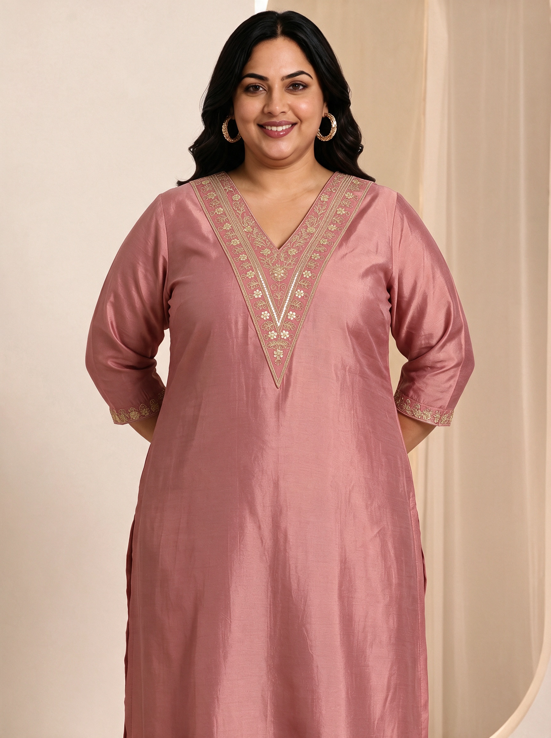 Peach Embroidered Kurta Set with Trousers and Dupatta