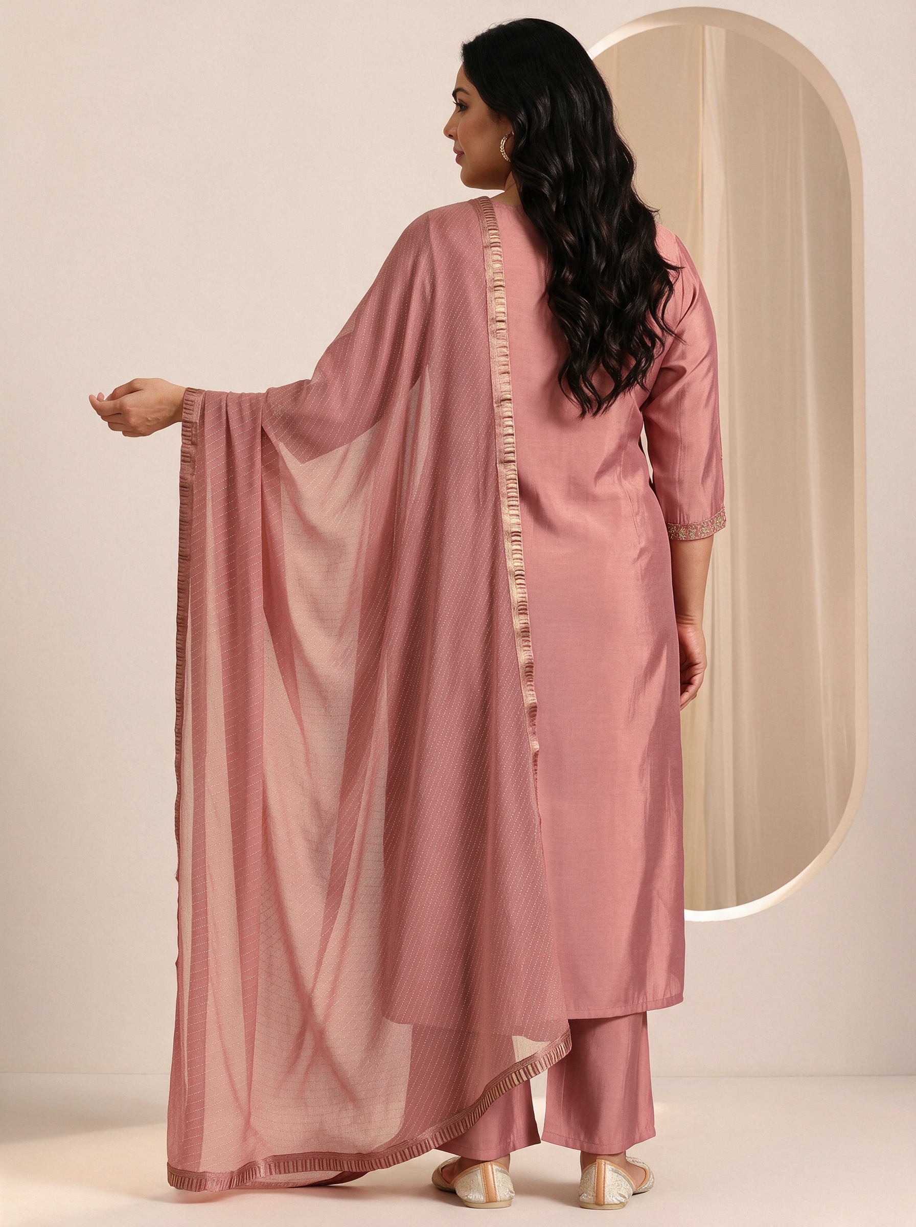 Peach Embroidered Kurta Set with Trousers and Dupatta