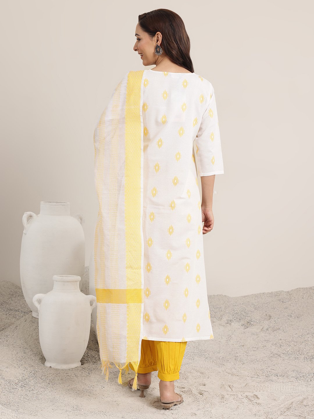 Off-White Woven Cotton Blend Kurta Set with Dupatta and Straight Pants