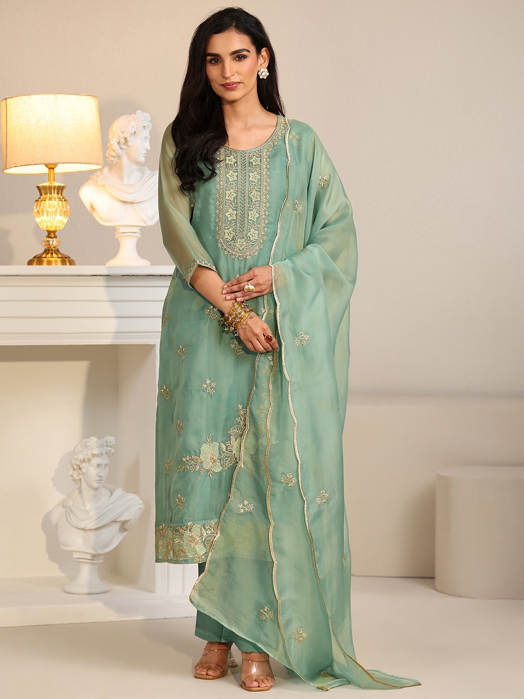 Blue Organza Embroidered Kurta Set with Straight Pants and Dupatta