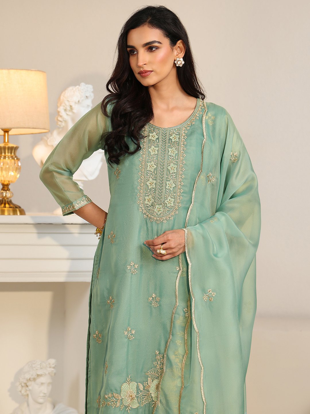 Blue Organza Embroidered Kurta Set with Straight Pants and Dupatta
