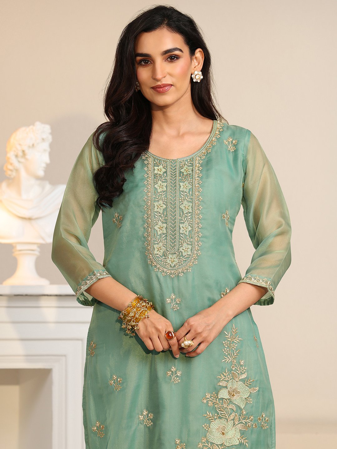 Blue Organza Embroidered Kurta Set with Straight Pants and Dupatta