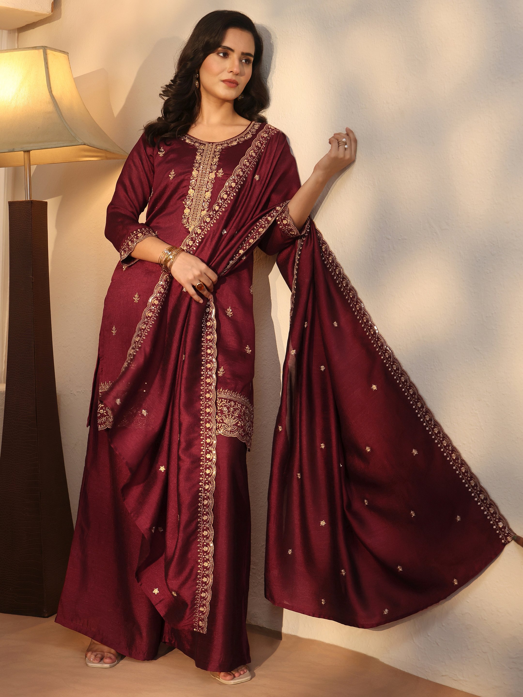 Maroon Embroidered Silk Blend Kurta Palazzo Dupatta Set