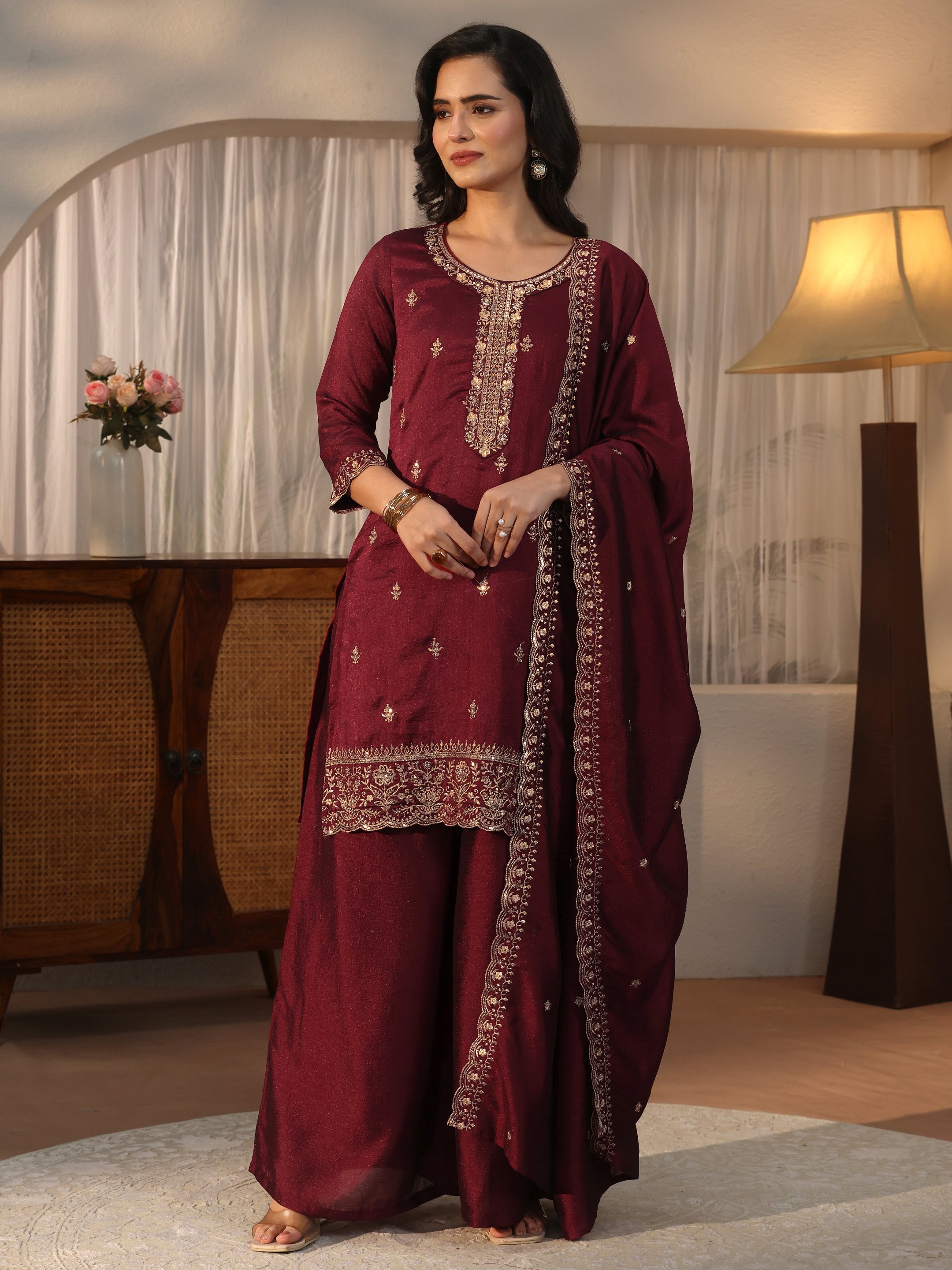 Maroon Embroidered Silk Blend Kurta Palazzo Dupatta Set