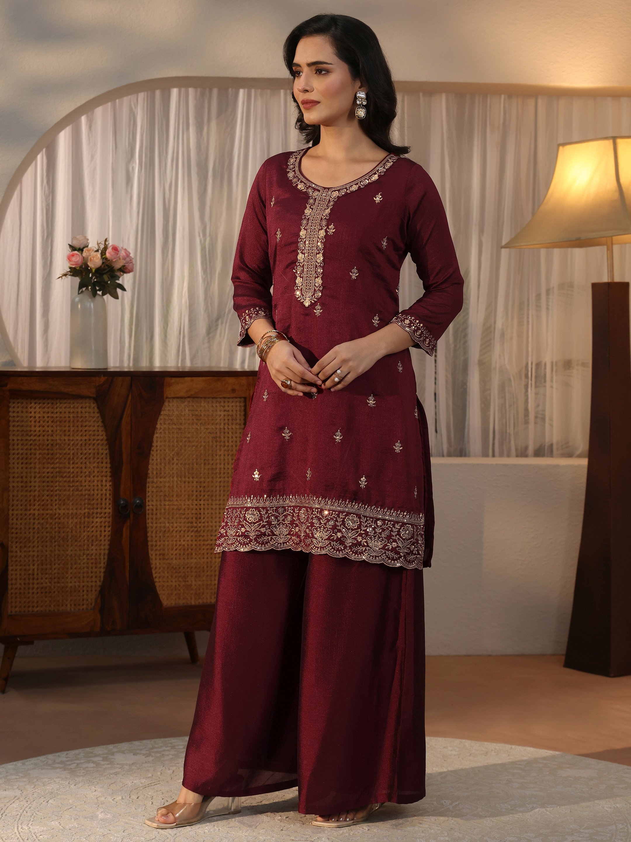 Maroon Embroidered Silk Blend Kurta Palazzo Dupatta Set