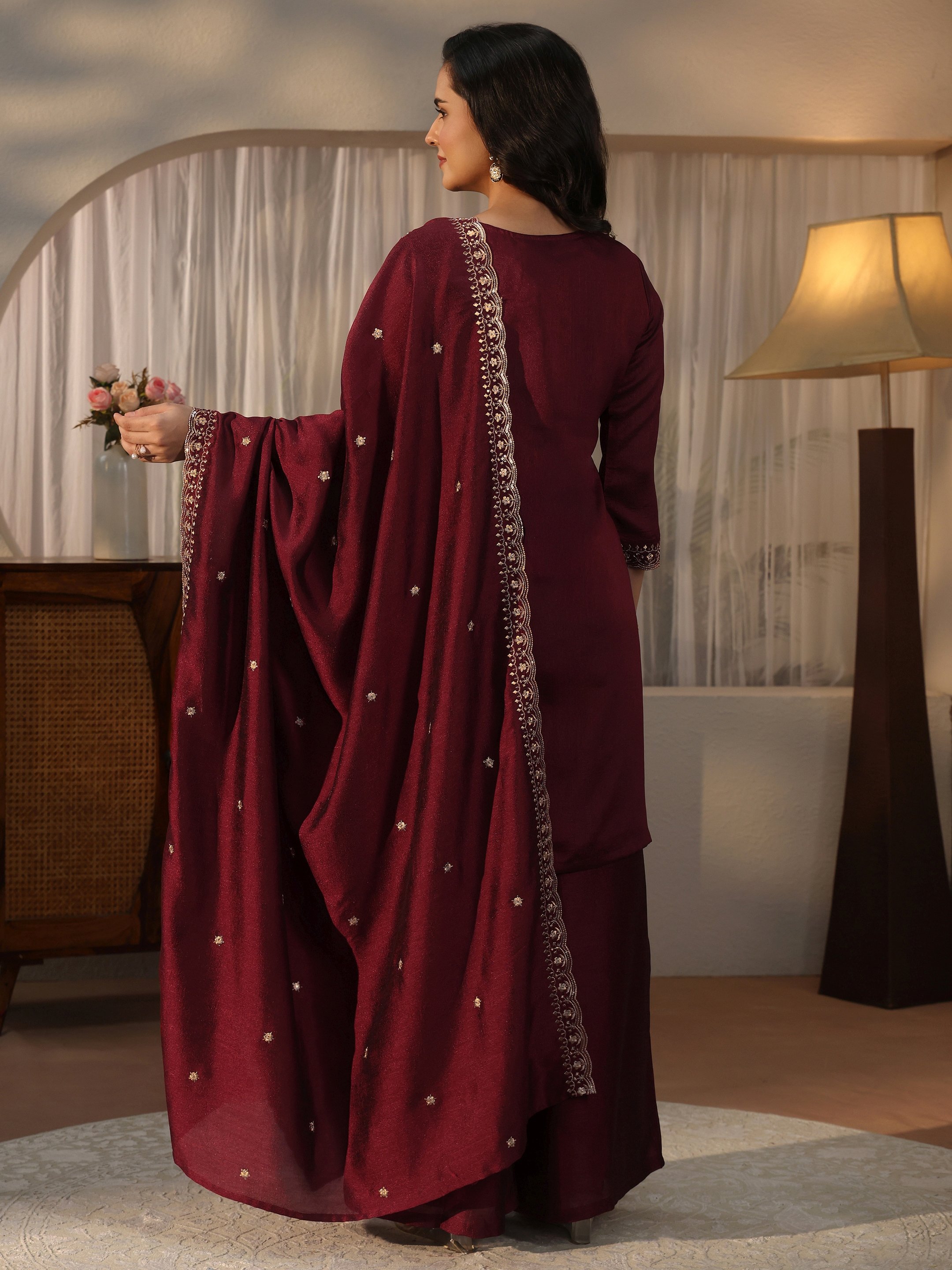 Maroon Embroidered Silk Blend Kurta Palazzo Dupatta Set