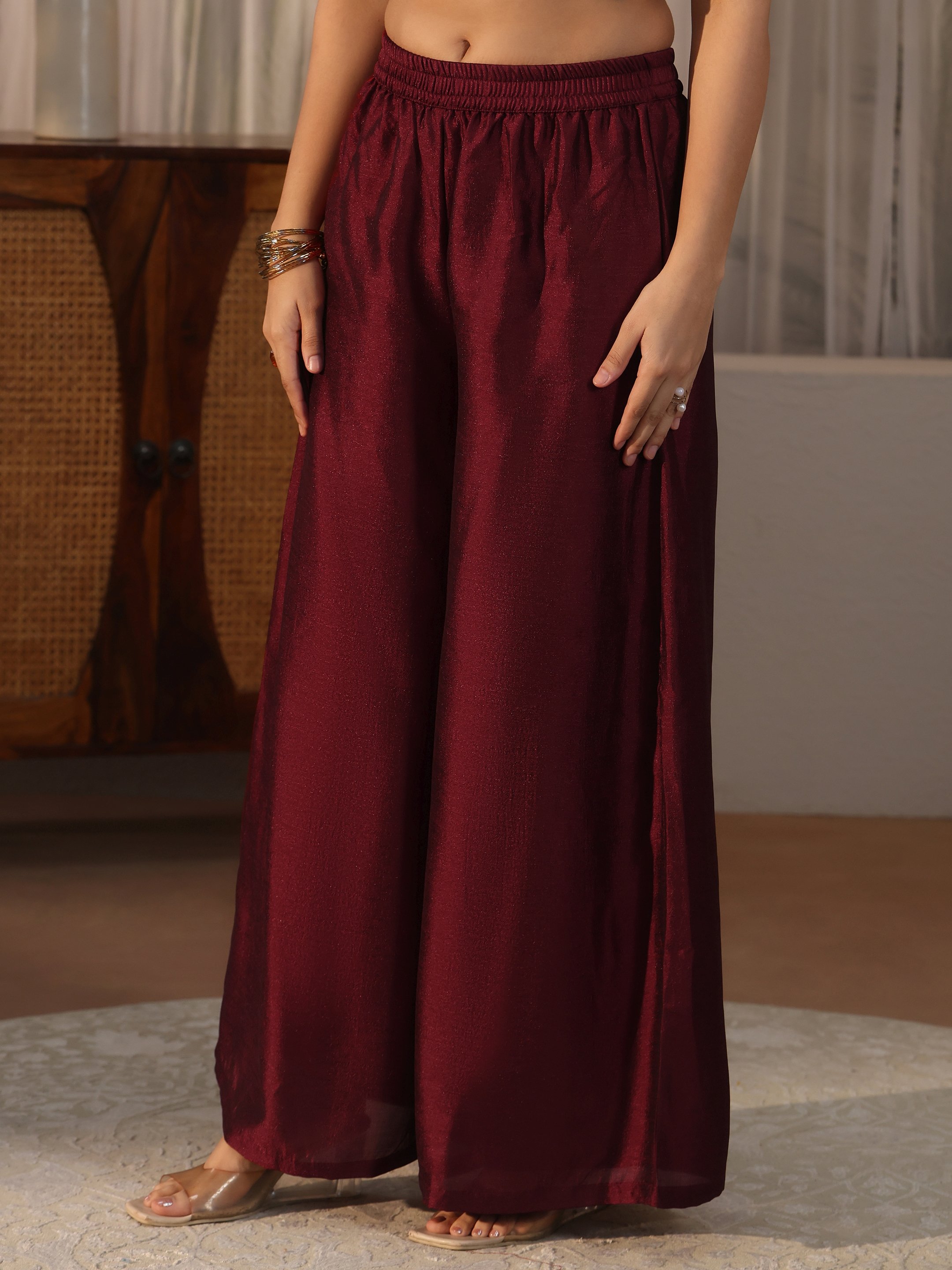 Maroon Embroidered Silk Blend Kurta Palazzo Dupatta Set