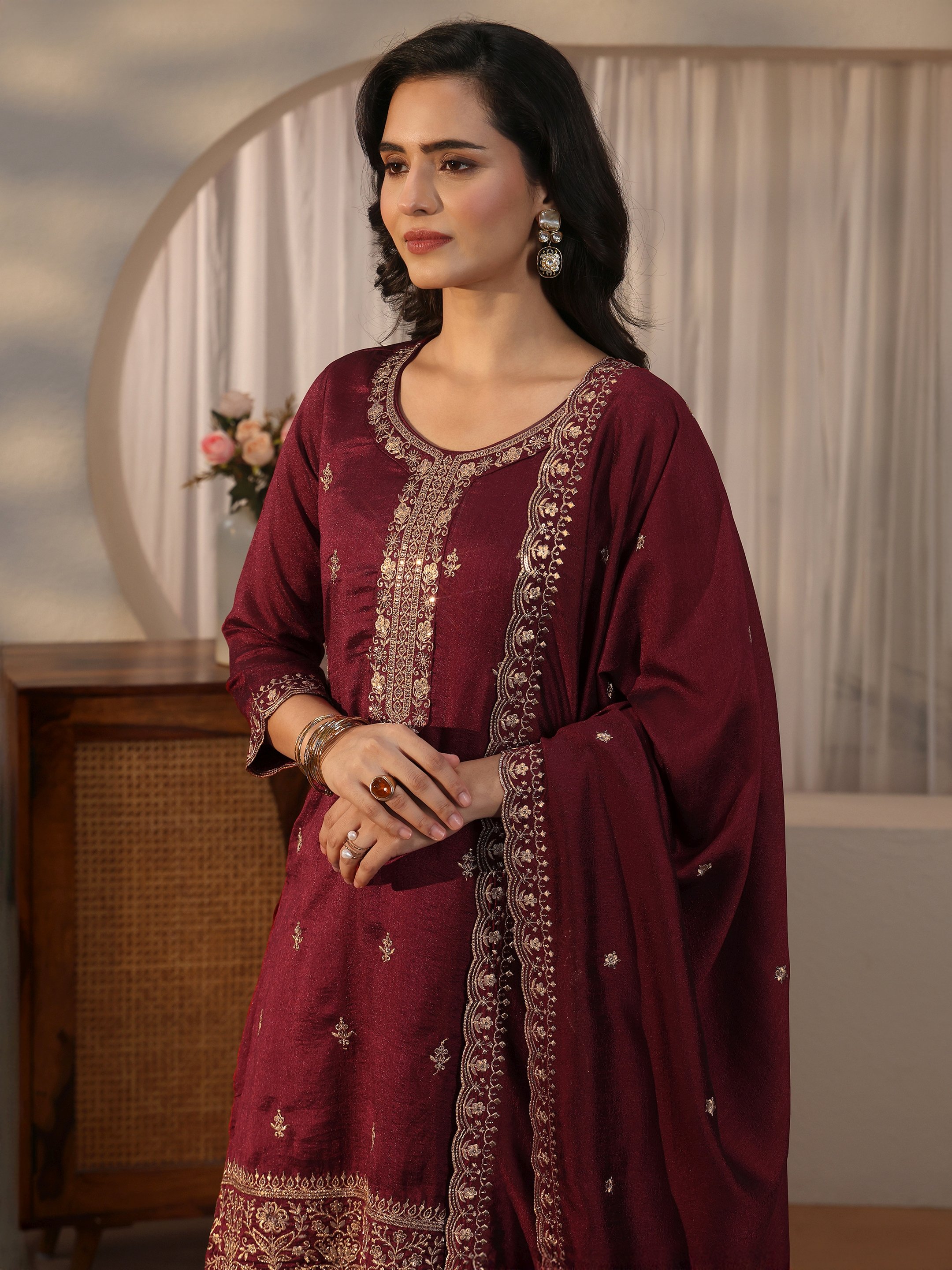 Maroon Embroidered Silk Blend Kurta Palazzo Dupatta Set
