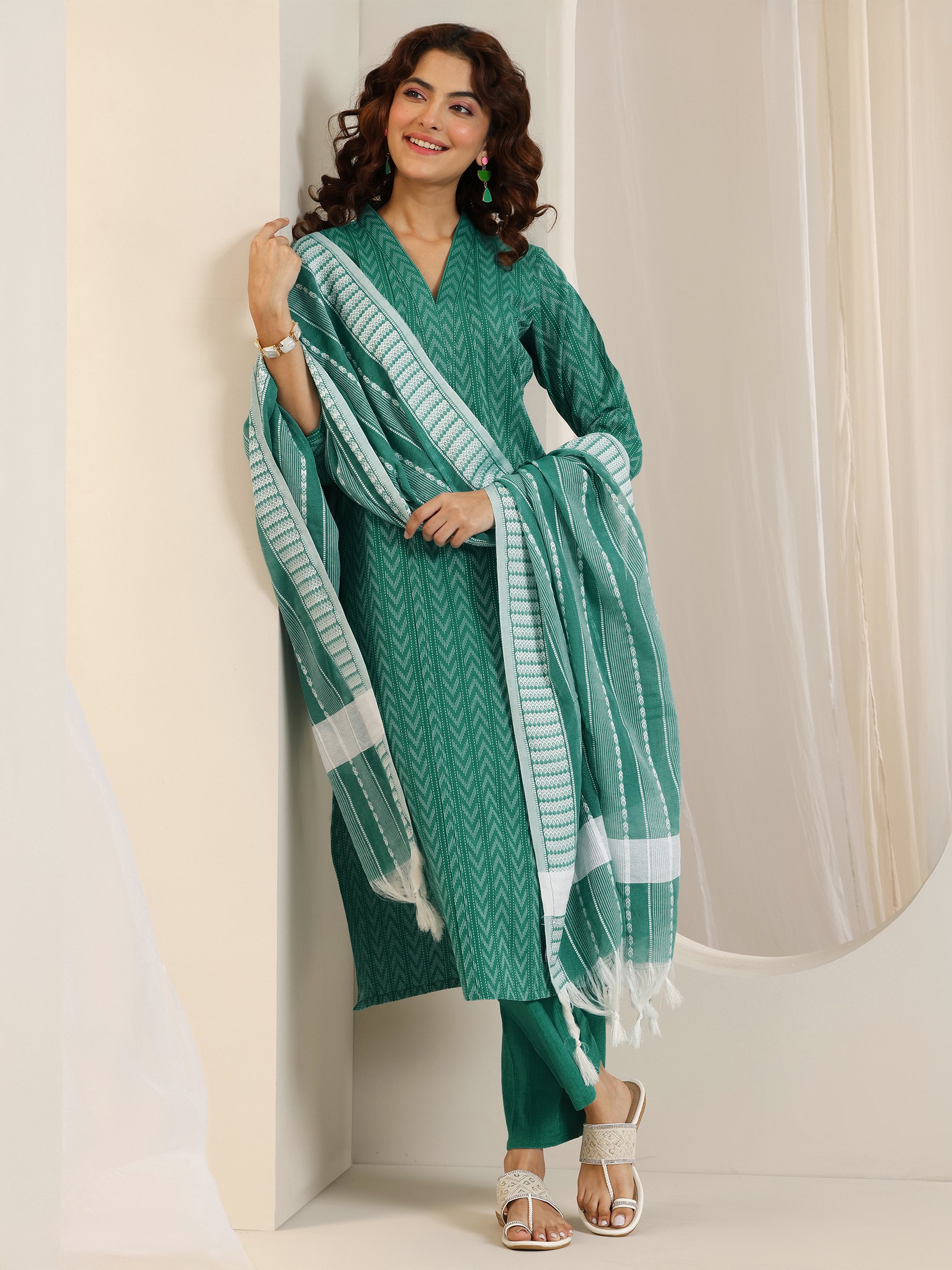 Teal Woven Cotton Blend Kurta Set with Dupatta and Trousers