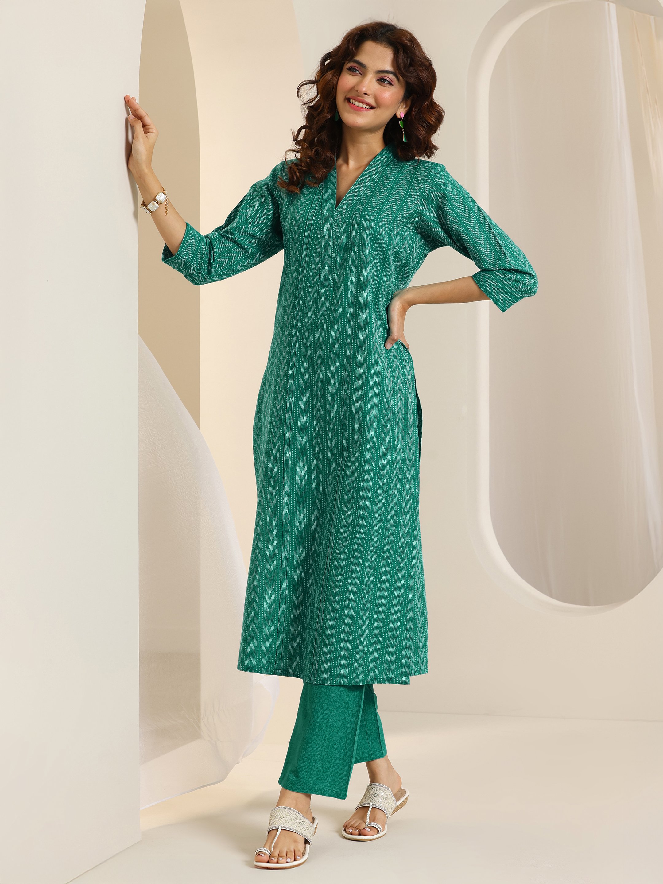 Teal Woven Cotton Blend Kurta Set with Dupatta and Trousers