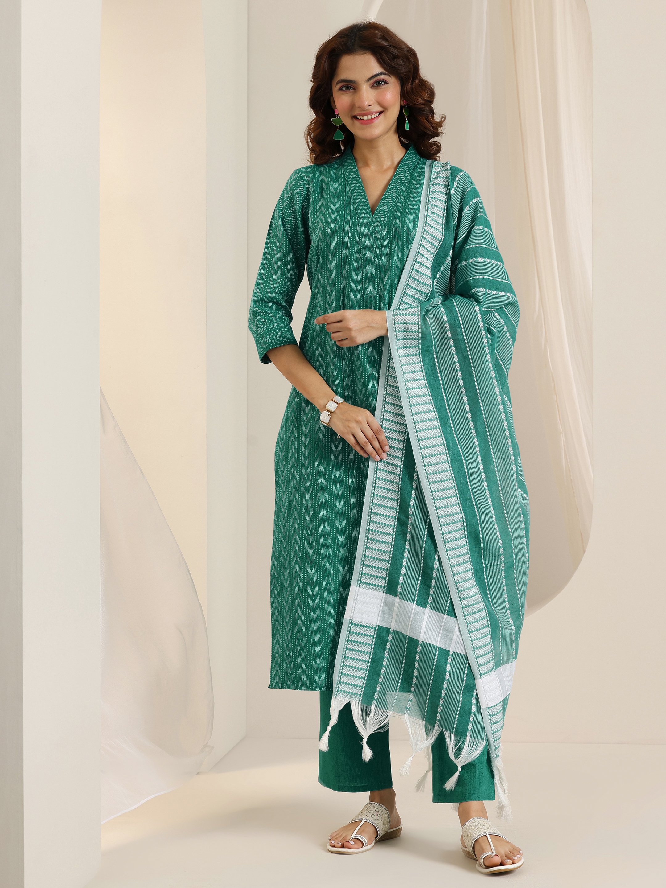 Teal Woven Cotton Blend Kurta Set with Dupatta and Trousers