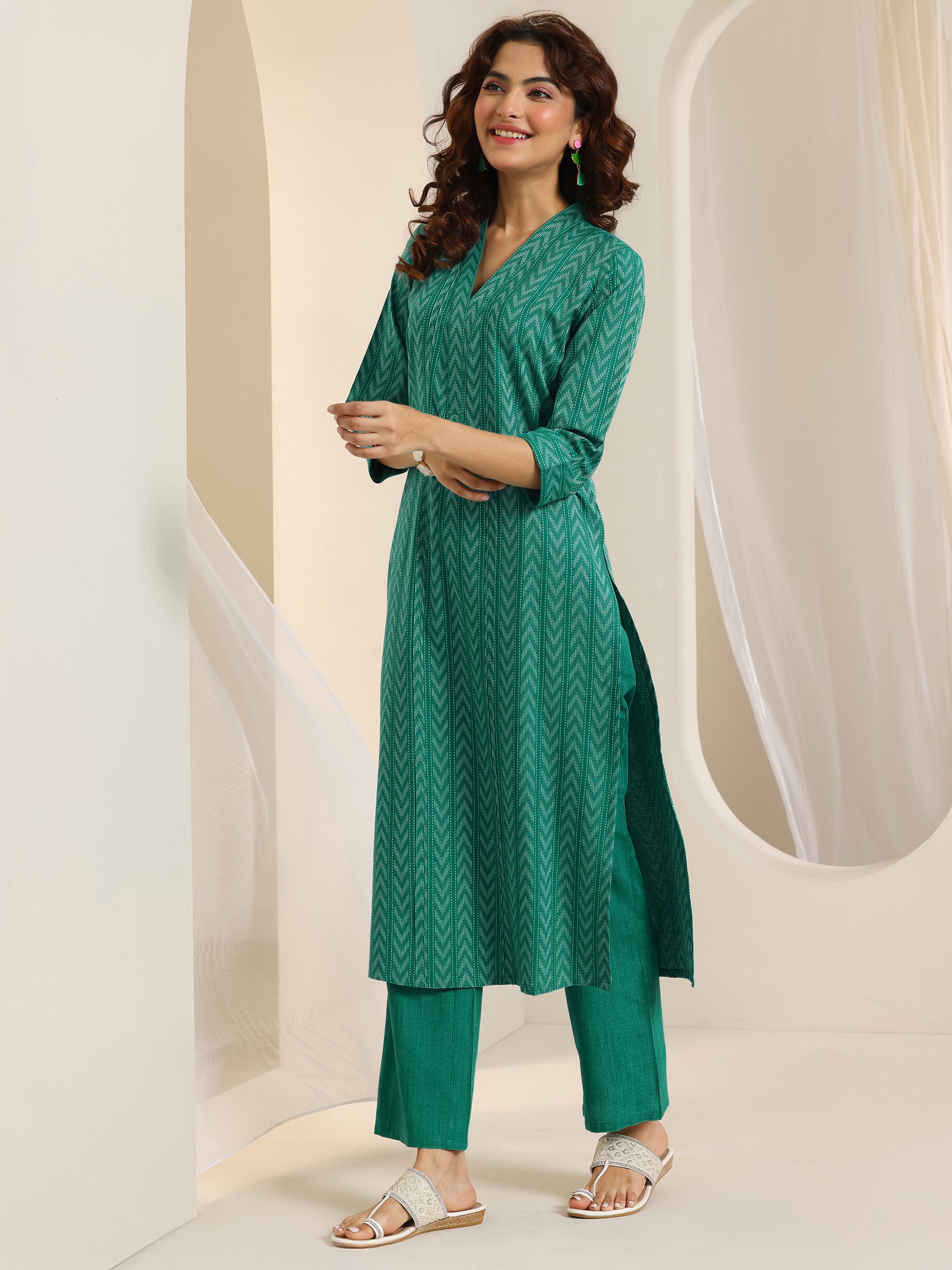 Teal Woven Cotton Blend Kurta Set with Dupatta and Trousers