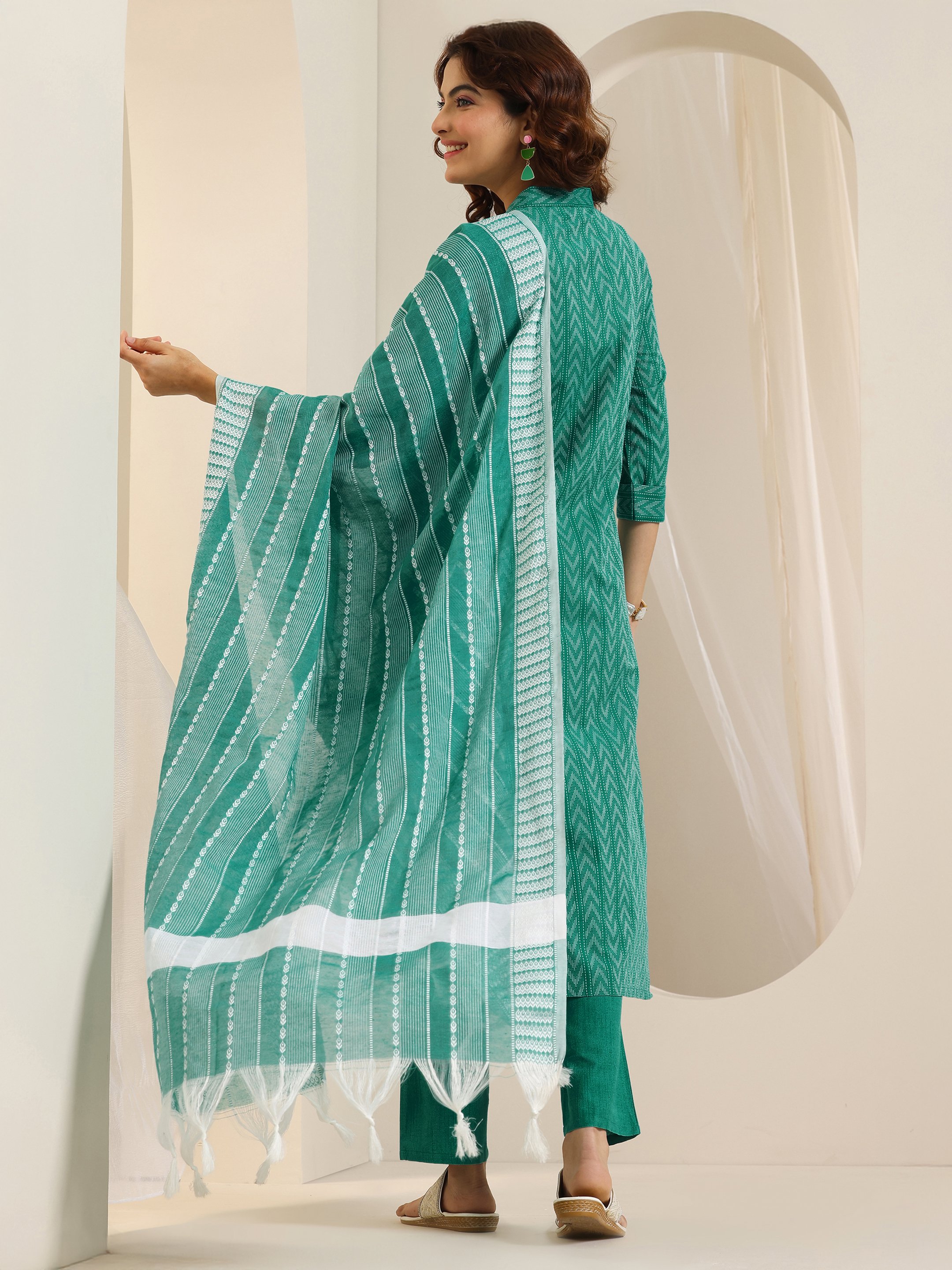 Teal Woven Cotton Blend Kurta Set with Dupatta and Trousers