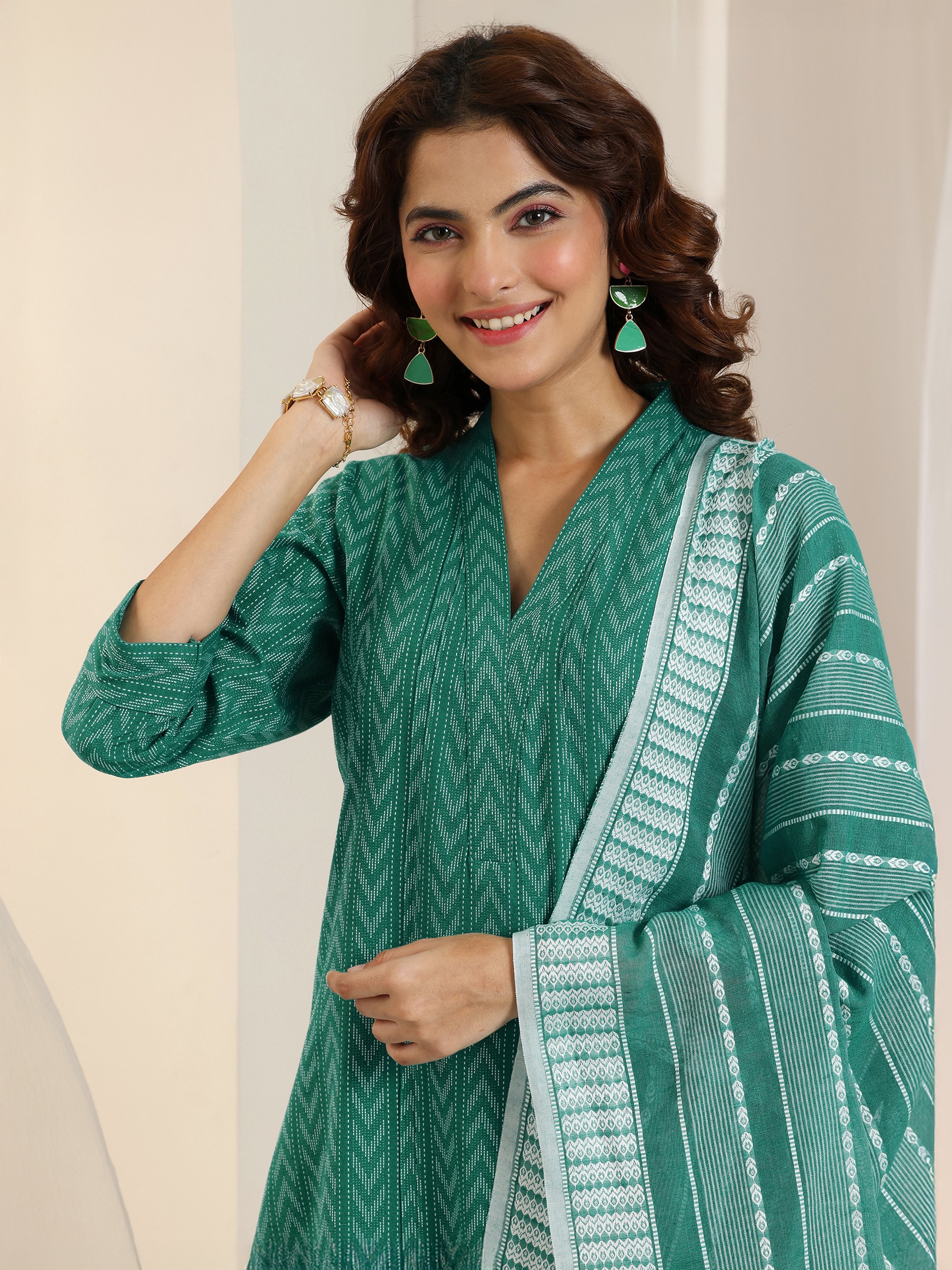Teal Woven Cotton Blend Kurta Set with Dupatta and Trousers