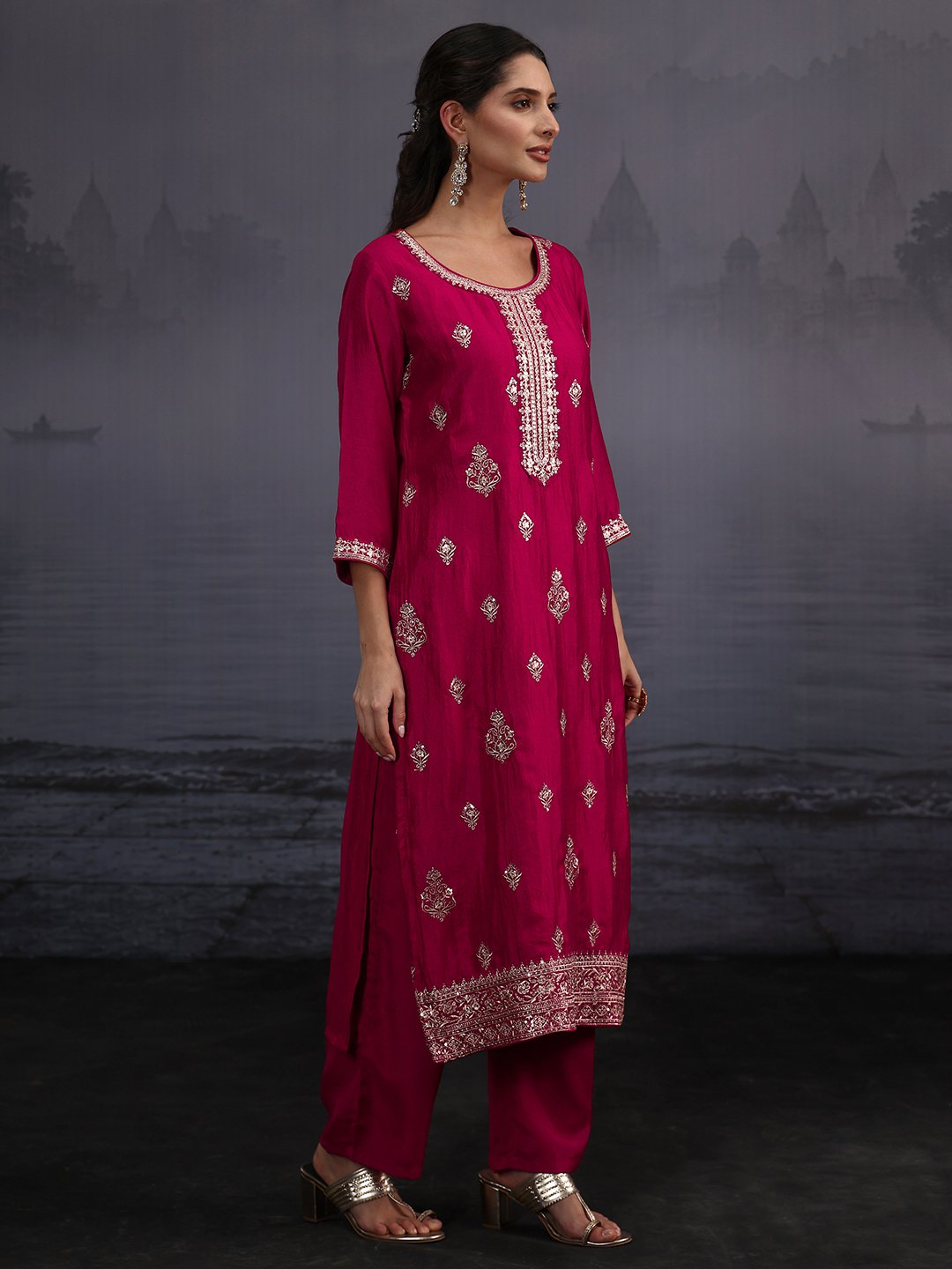 Pink Embroidered Silk Blend Kurta Set with Dupatta