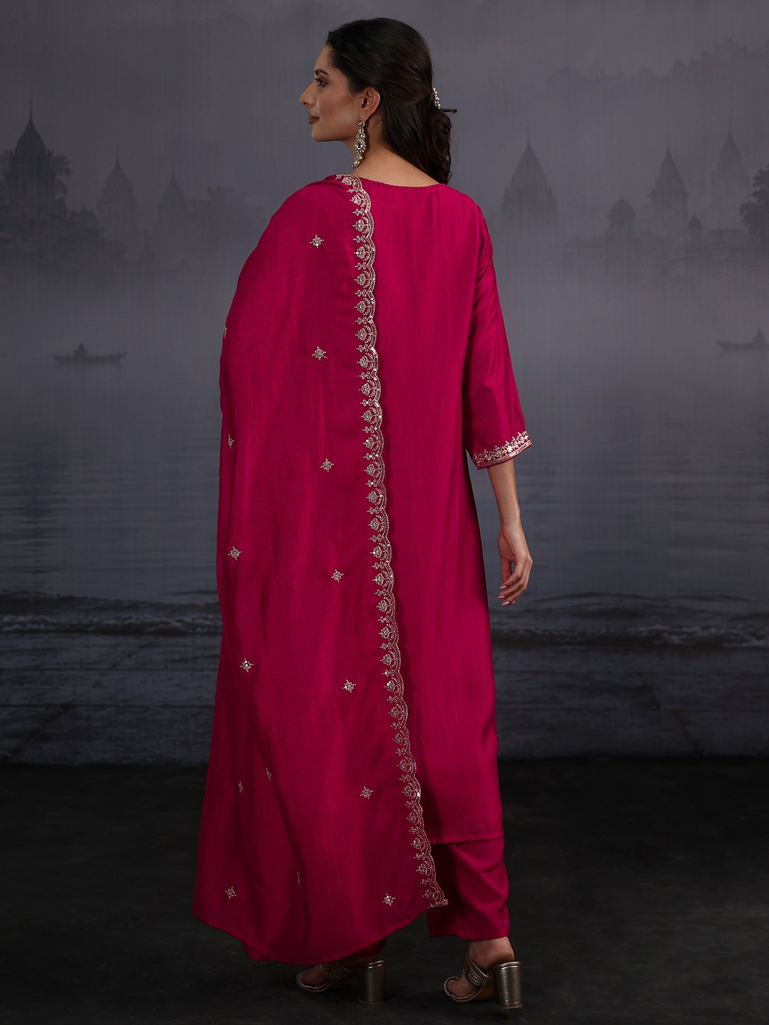 Pink Embroidered Silk Blend Kurta Set with Dupatta