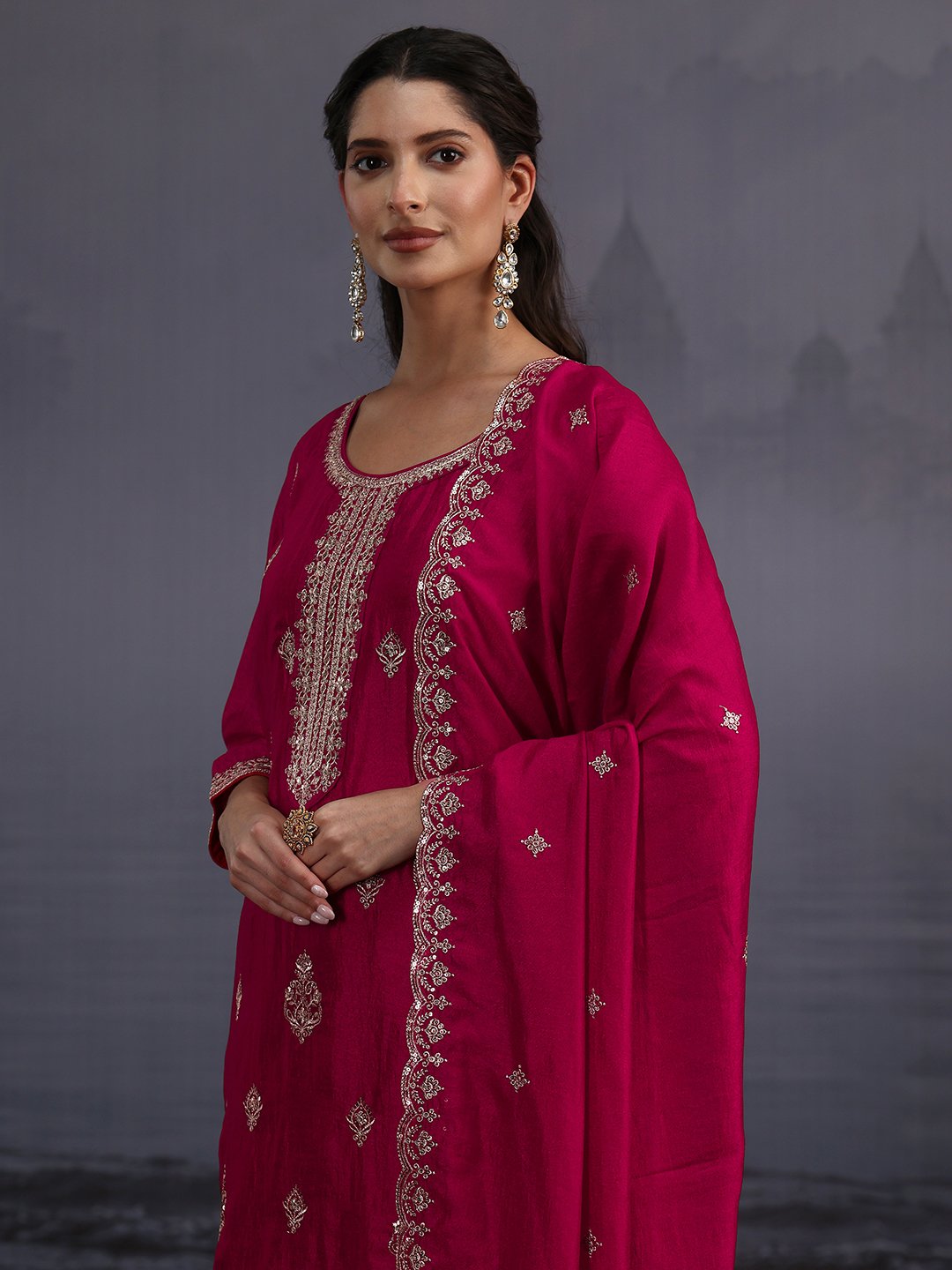 Pink Embroidered Silk Blend Kurta Set with Dupatta