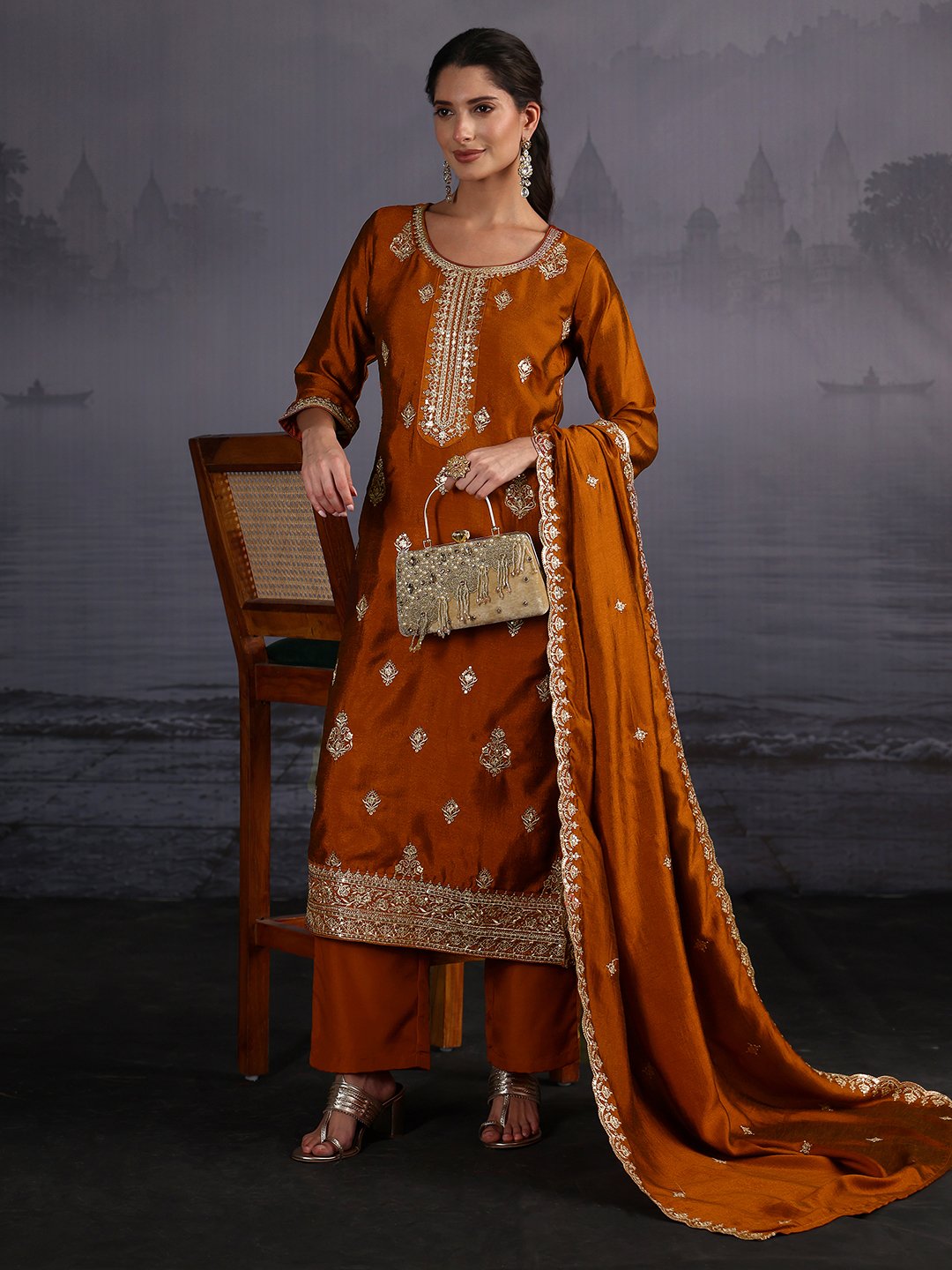Festive Rust Embroidered Silk Blend Kurta Set with Dupatta