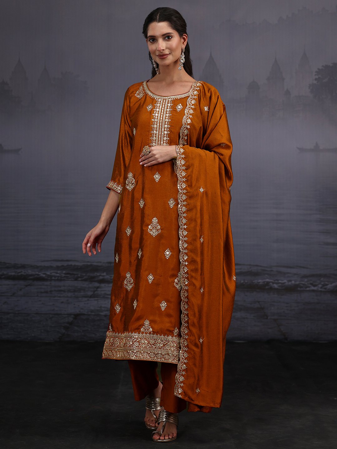 Festive Rust Embroidered Silk Blend Kurta Set with Dupatta