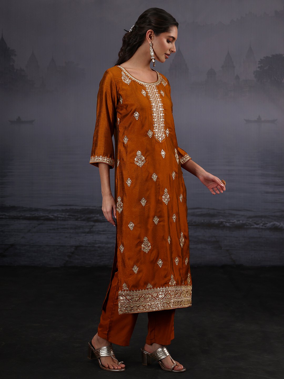 Festive Rust Embroidered Silk Blend Kurta Set with Dupatta